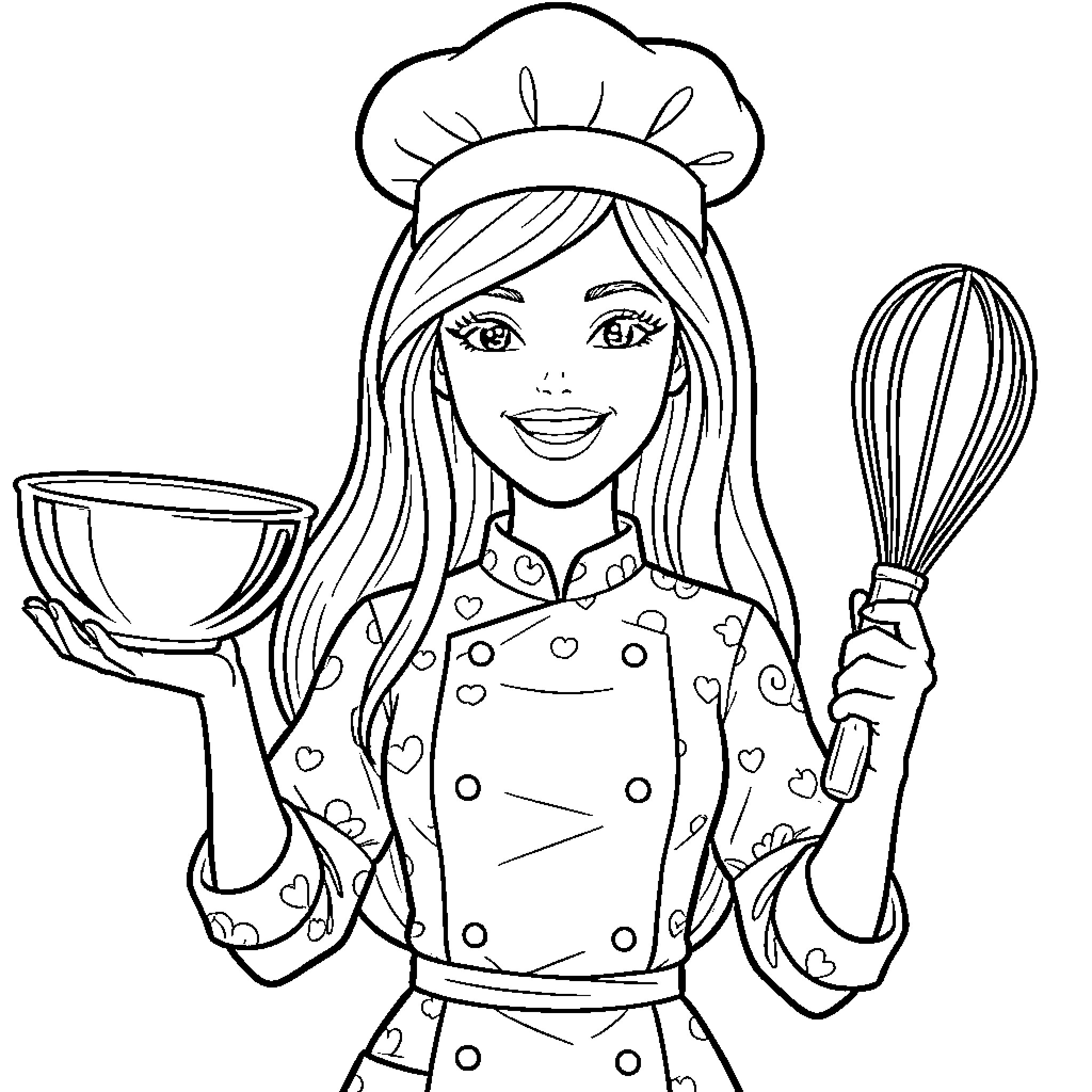 Barbie Cooking with Whisk and Bowl Coloring Page (free black-and-white line drawing printable PDF for all, from beginners to advanced learners, including children, teens, adults, and seniors)