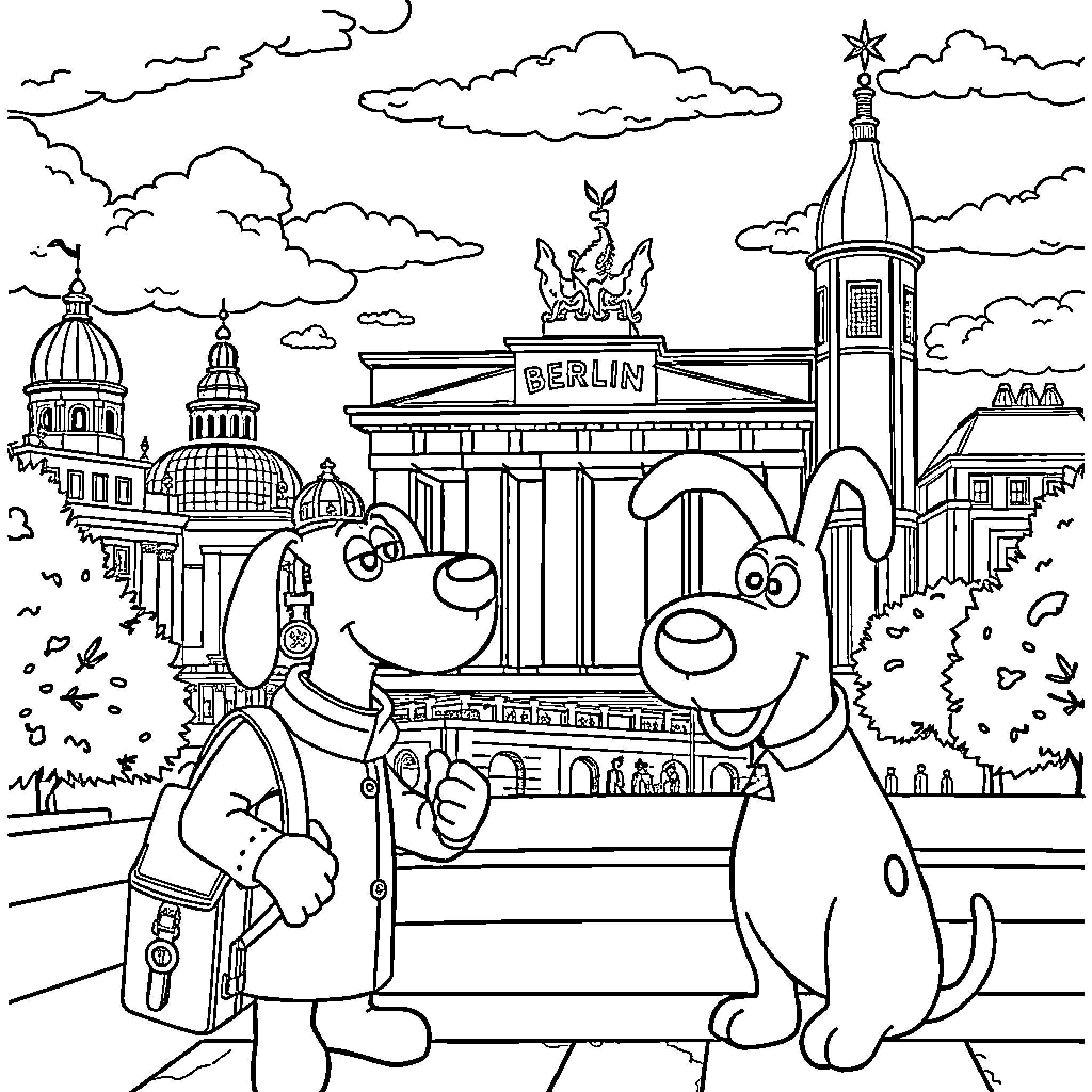 Wallace and Gromit exploring the city of Berlin Coloring Page (free black-and-white line drawing printable PDF for all, from beginners to advanced learners, including children, teens, adults, and seniors)