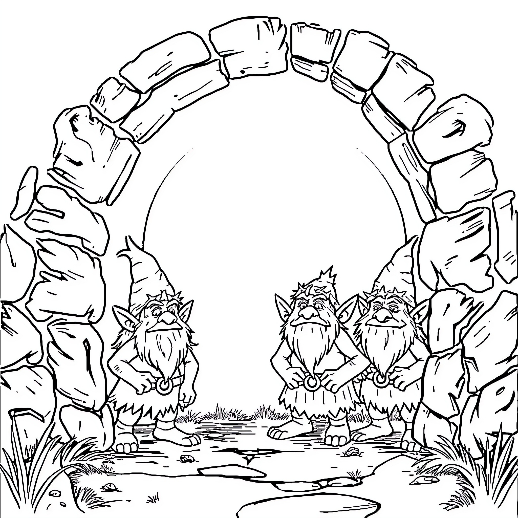 Troll Friends Gather in Enchanted Forest Coloring Page (free black-and-white line drawing printable PDF for all, from beginners to advanced learners, including children, teens, adults, and seniors)