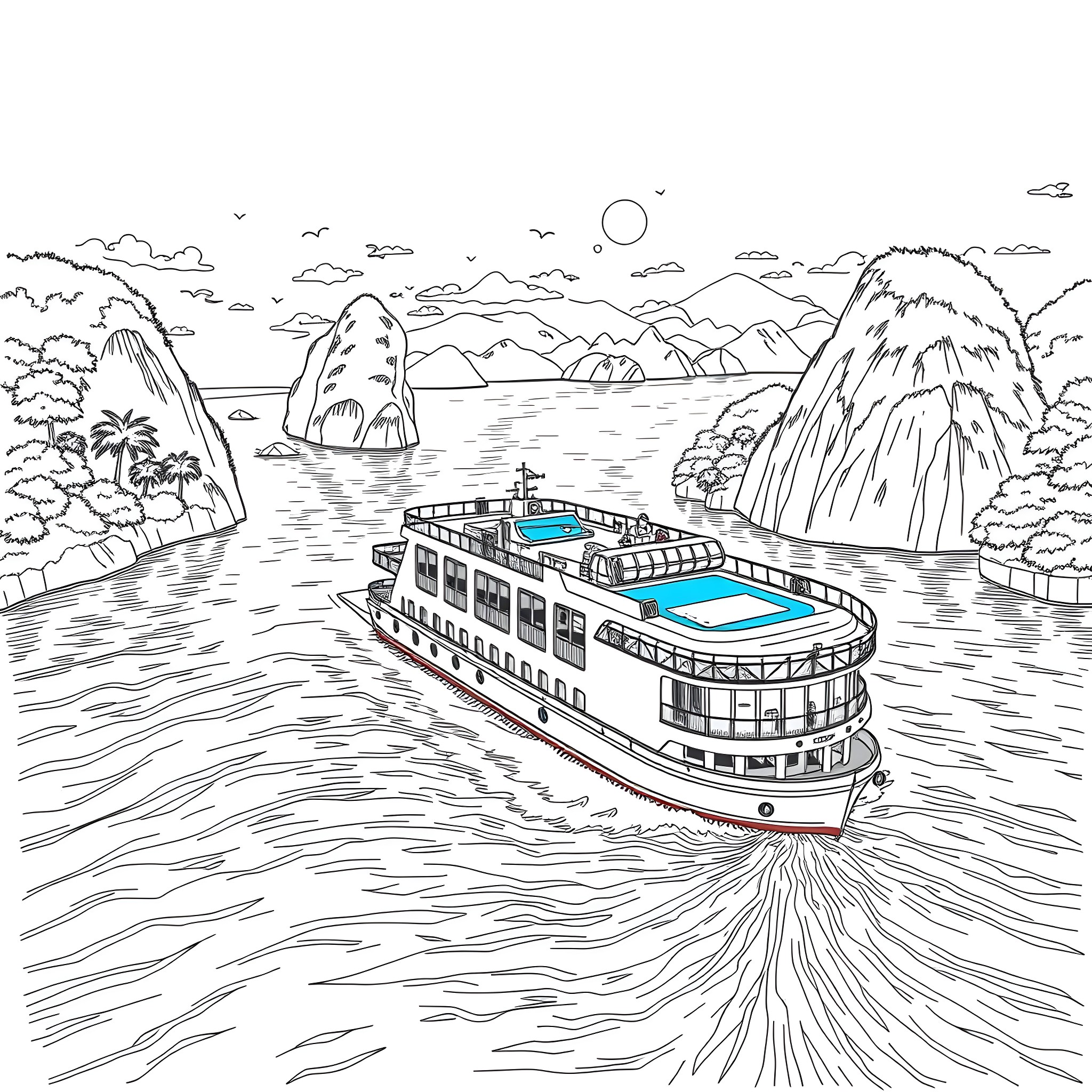 Ship cruising through scenic mountain landscape Coloring Page (free black-and-white line drawing printable PDF for all, from beginners to advanced learners, including children, teens, adults, and seniors)