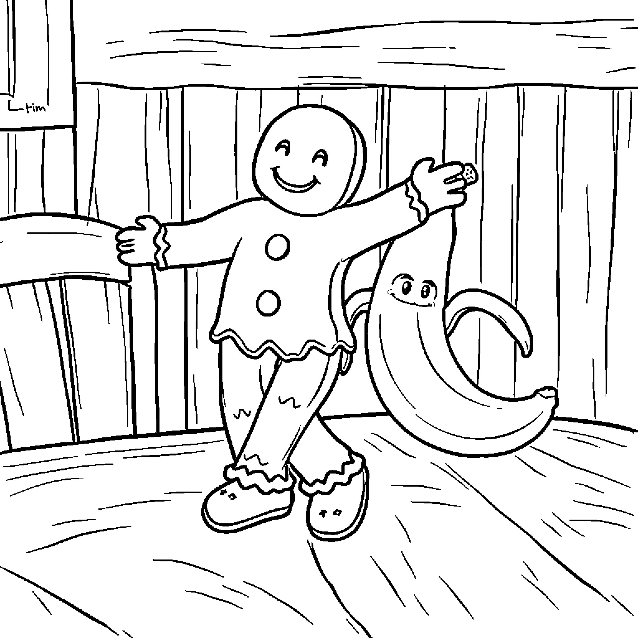 Gingerbread Man playing with a friendly ghost Coloring Page (free black-and-white line drawing printable PDF for all, from beginners to advanced learners, including children, teens, adults, and seniors)