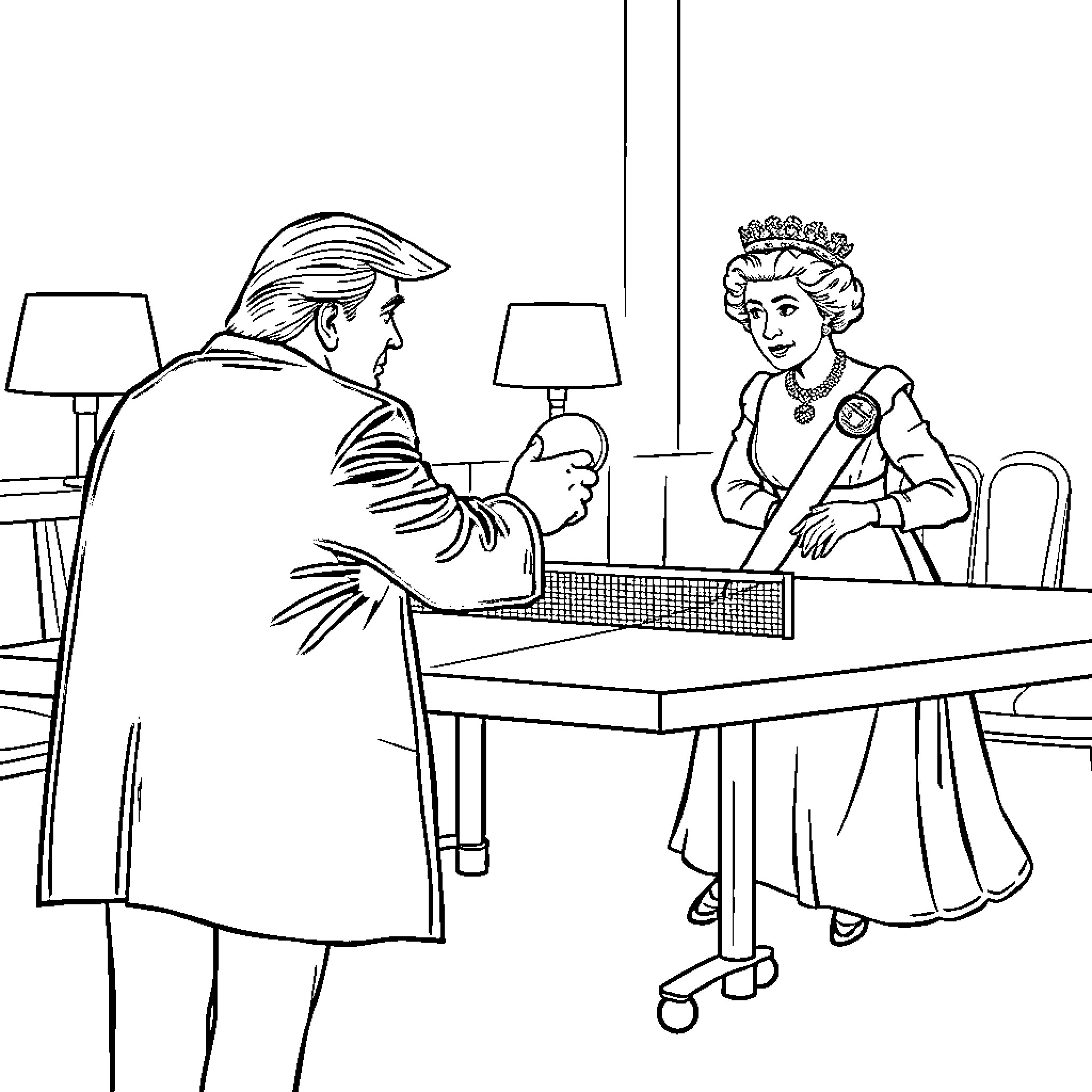 Queen Receiving Formal Meeting with Official Coloring Page (free black-and-white line drawing printable PDF for all, from beginners to advanced learners, including children, teens, adults, and seniors)