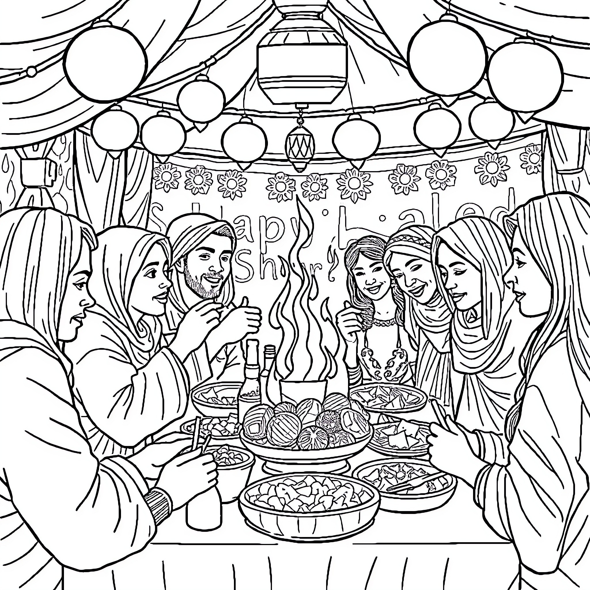 Tung Group Celebration with Food and Lanterns Coloring Page (free black-and-white line drawing printable PDF for all, from beginners to advanced learners, including children, teens, adults, and seniors)