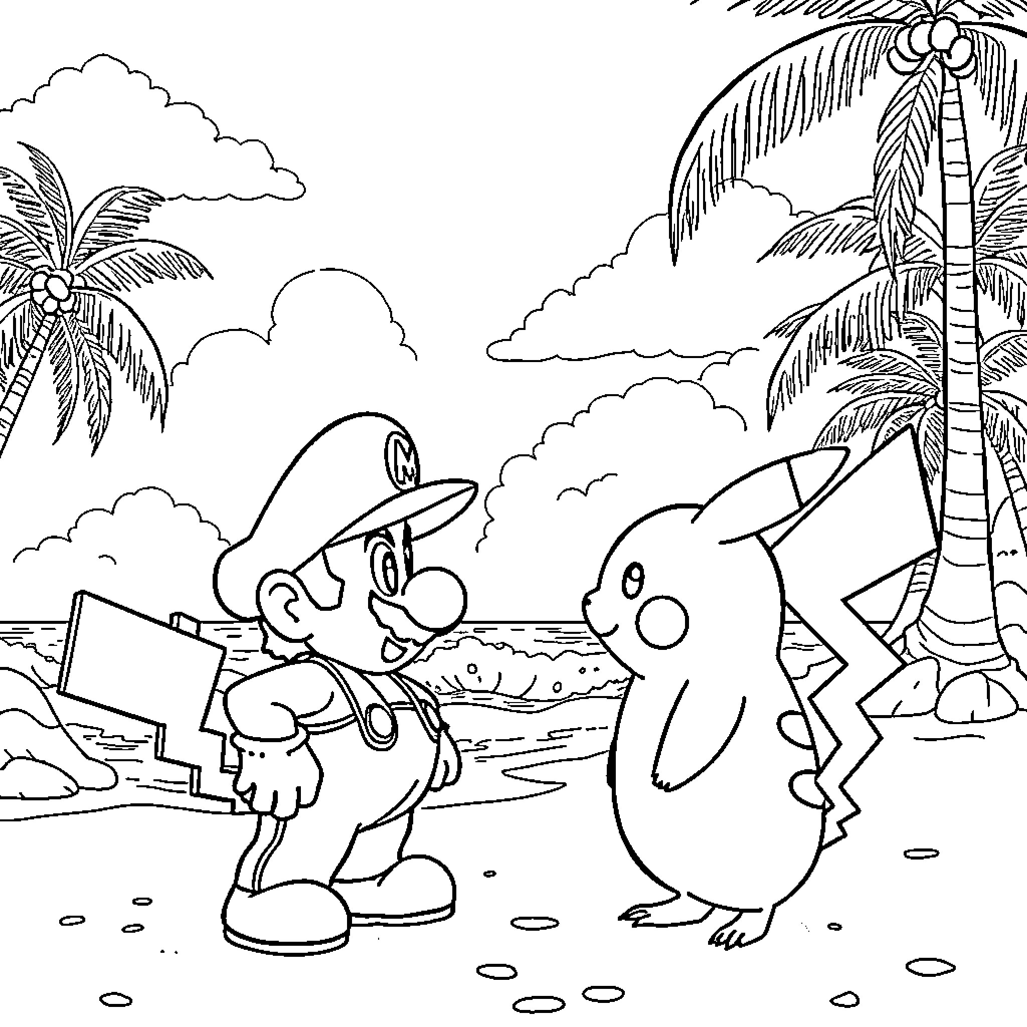 Mario and Pikachu explore tropical paradise Coloring Page (free black-and-white line drawing printable PDF for all, from beginners to advanced learners, including children, teens, adults, and seniors)