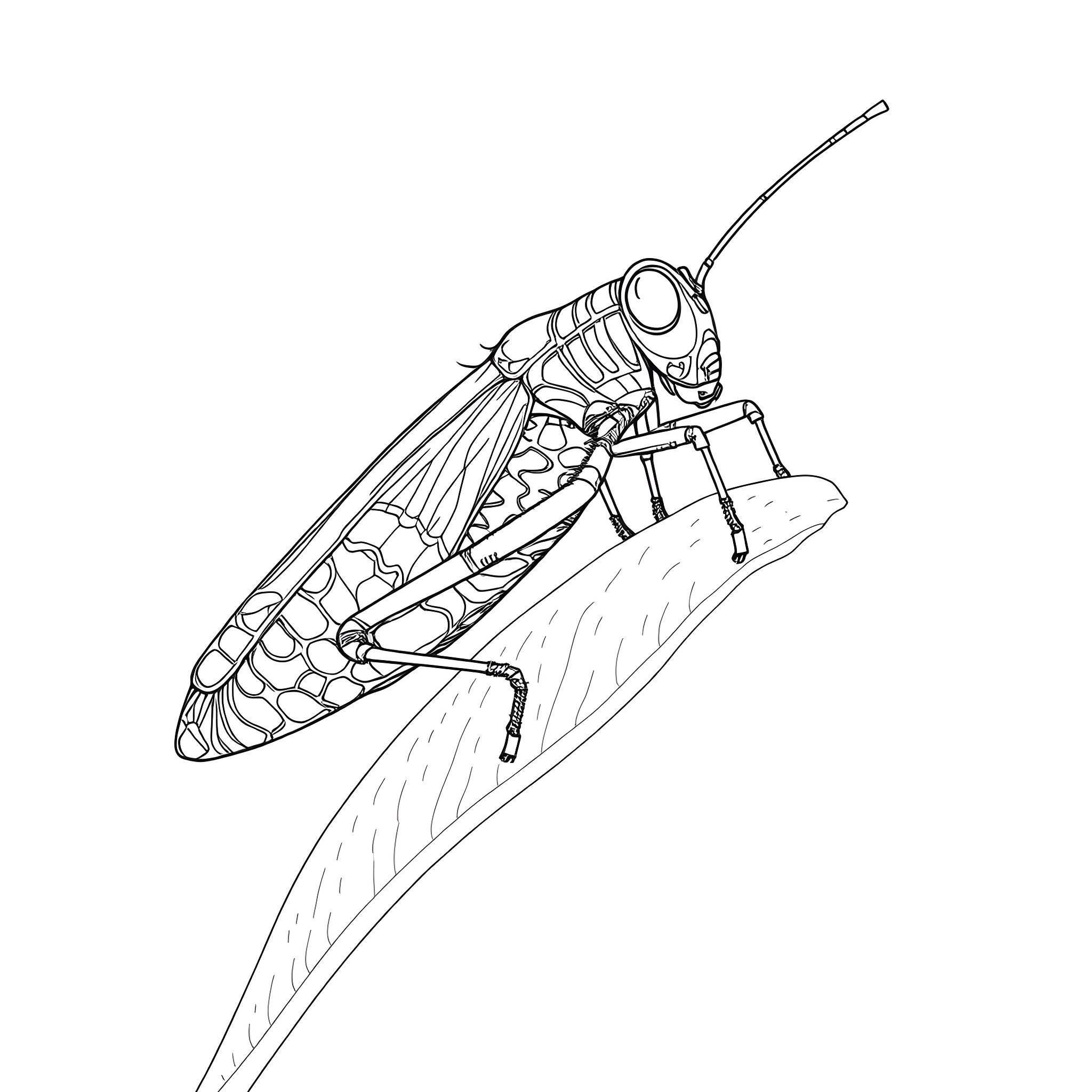 Grasshopper leaping across the page Coloring Page (free black-and-white line drawing printable PDF for all, from beginners to advanced learners, including children, teens, adults, and seniors)
