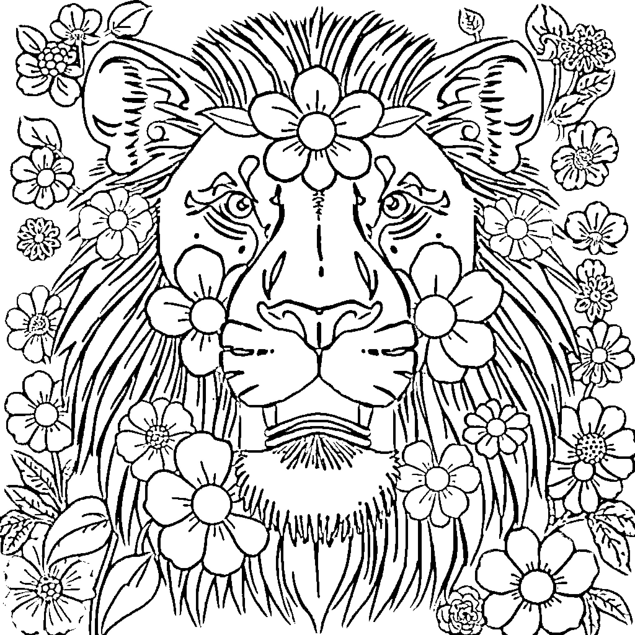Lion surrounded by floral patterns Coloring Page (free black-and-white line drawing printable PDF for all, from beginners to advanced learners, including children, teens, adults, and seniors)