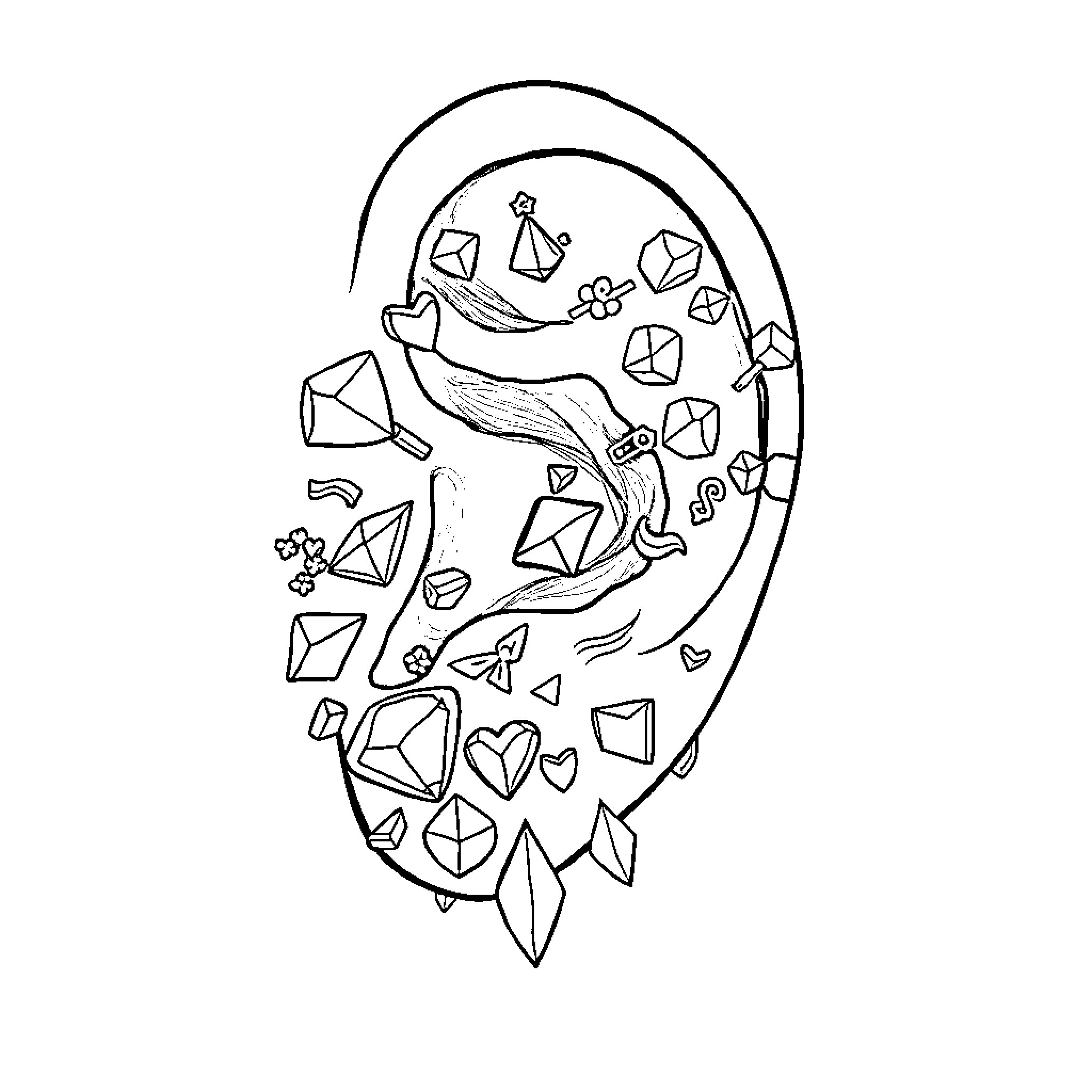 Ear Adorned with Whimsical Shapes and Symbols Coloring Page (free black-and-white line drawing printable PDF for all, from beginners to advanced learners, including children, teens, adults, and seniors)