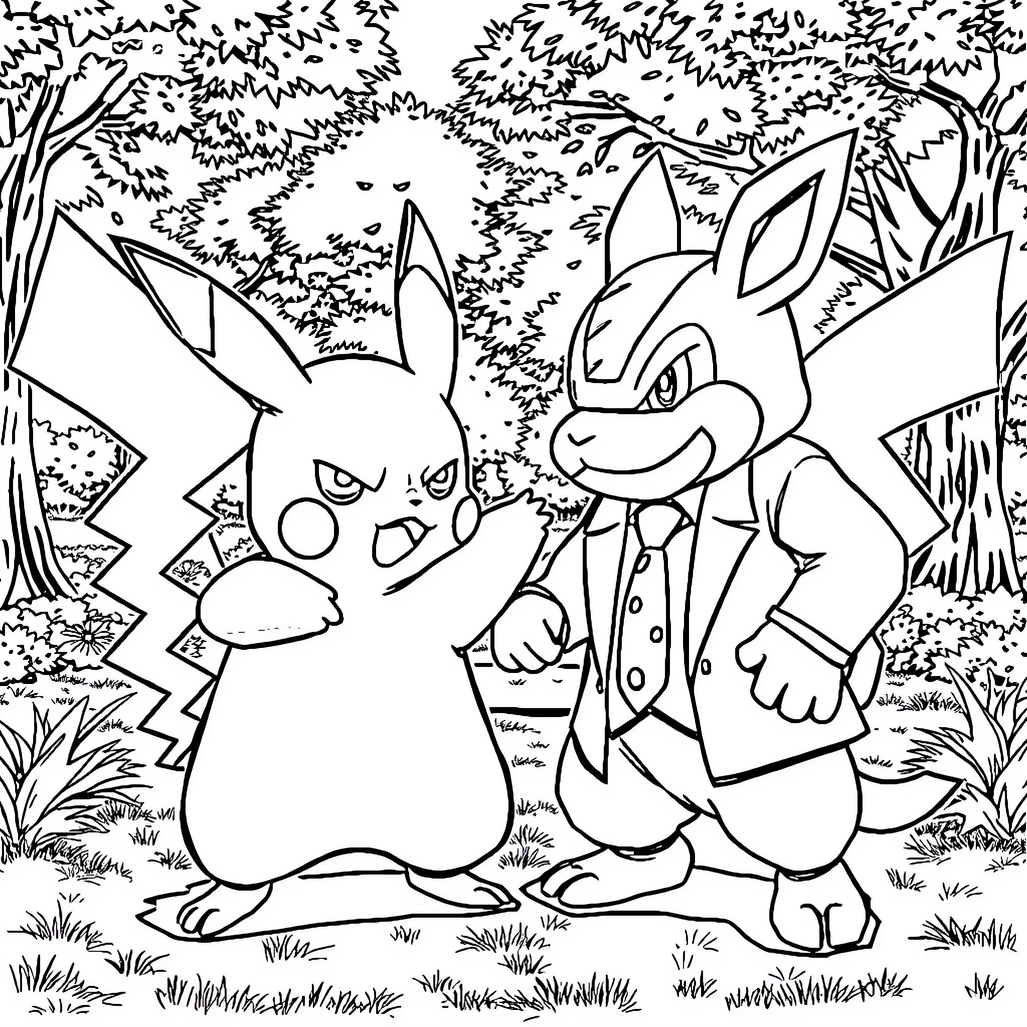 Pikachu and Lucario exploring the forest Coloring Page (free black-and-white line drawing printable PDF for all, from beginners to advanced learners, including children, teens, adults, and seniors)