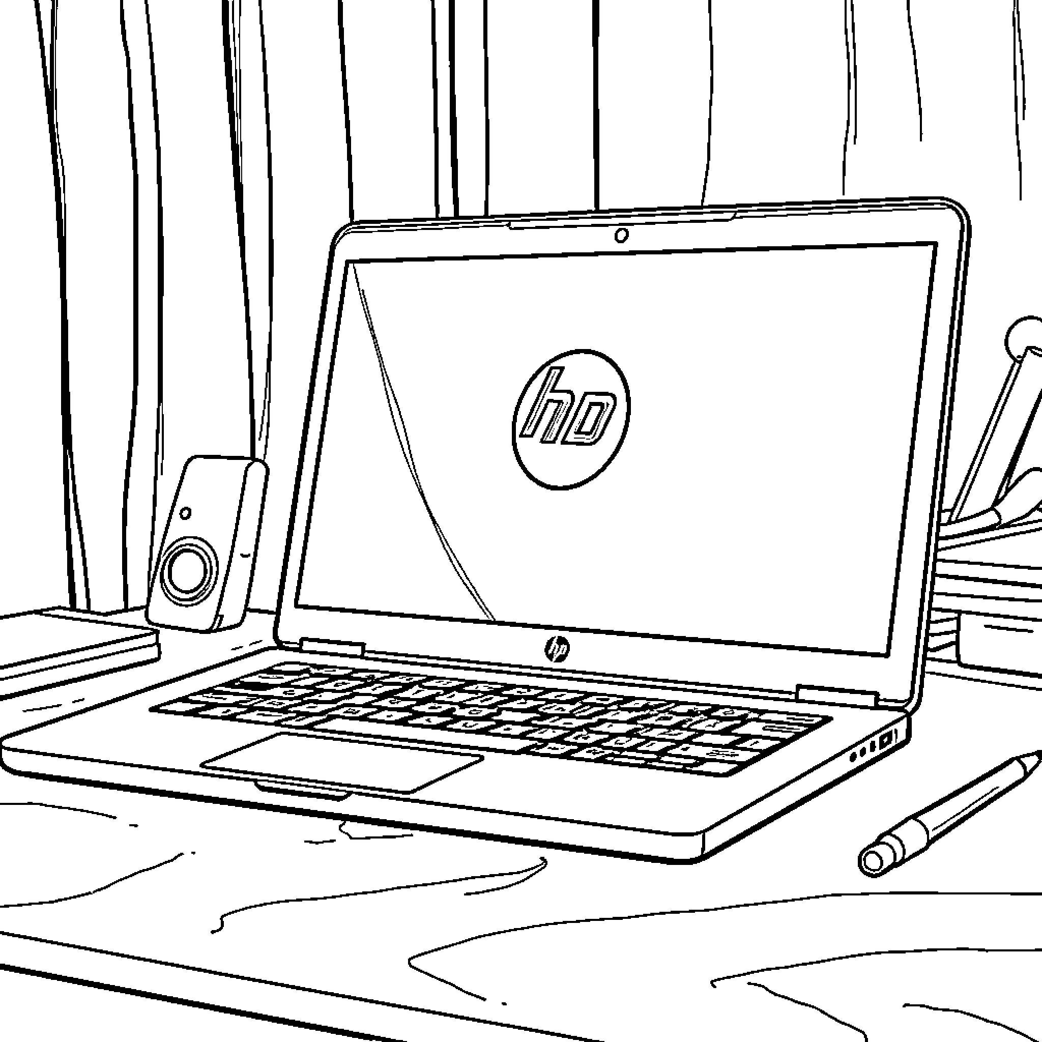 Chromebook on a desk with office supplies Coloring Page (free black-and-white line drawing printable PDF for all, from beginners to advanced learners, including children, teens, adults, and seniors)