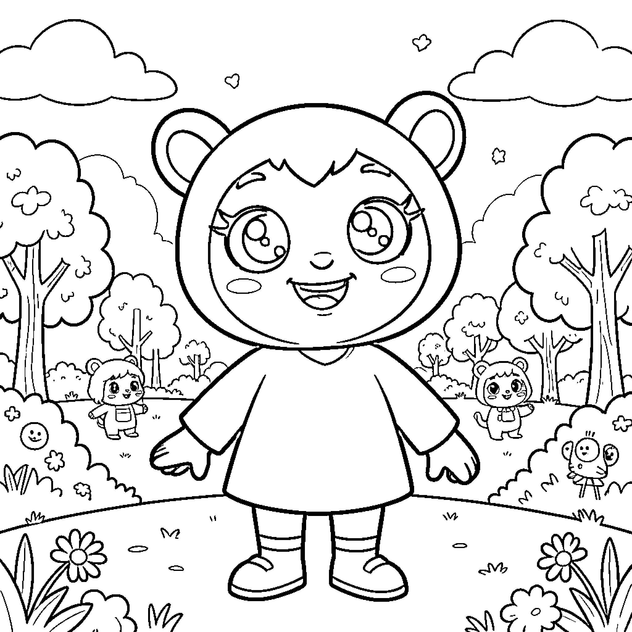 Pomni Cartoon Character in Outdoor Setting Coloring Page (free black-and-white line drawing printable PDF for all, from beginners to advanced learners, including children, teens, adults, and seniors)