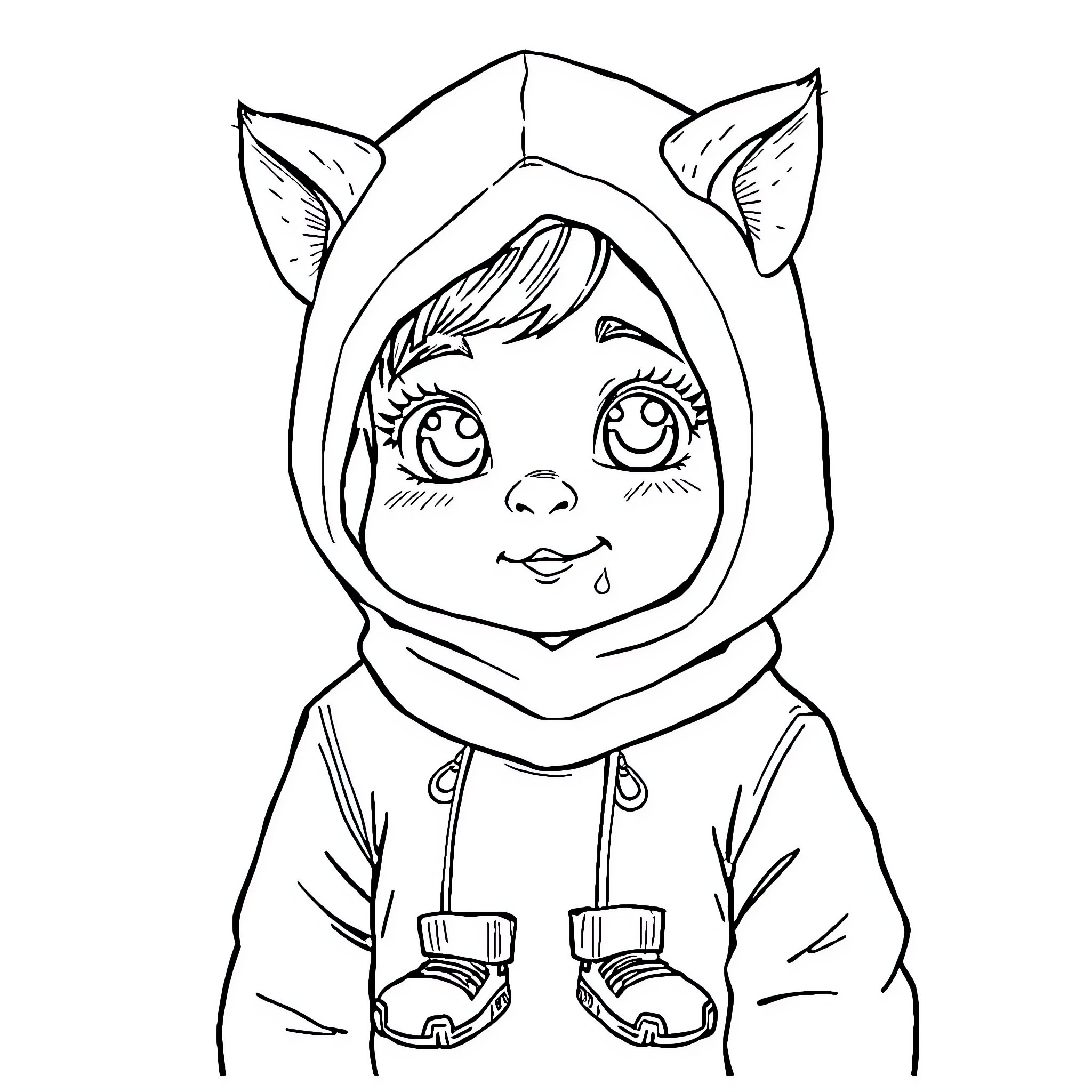 Girl wearing cat-themed hoodie with a smiling expression Coloring Page (free black-and-white line drawing printable PDF for all, from beginners to advanced learners, including children, teens, adults, and seniors)