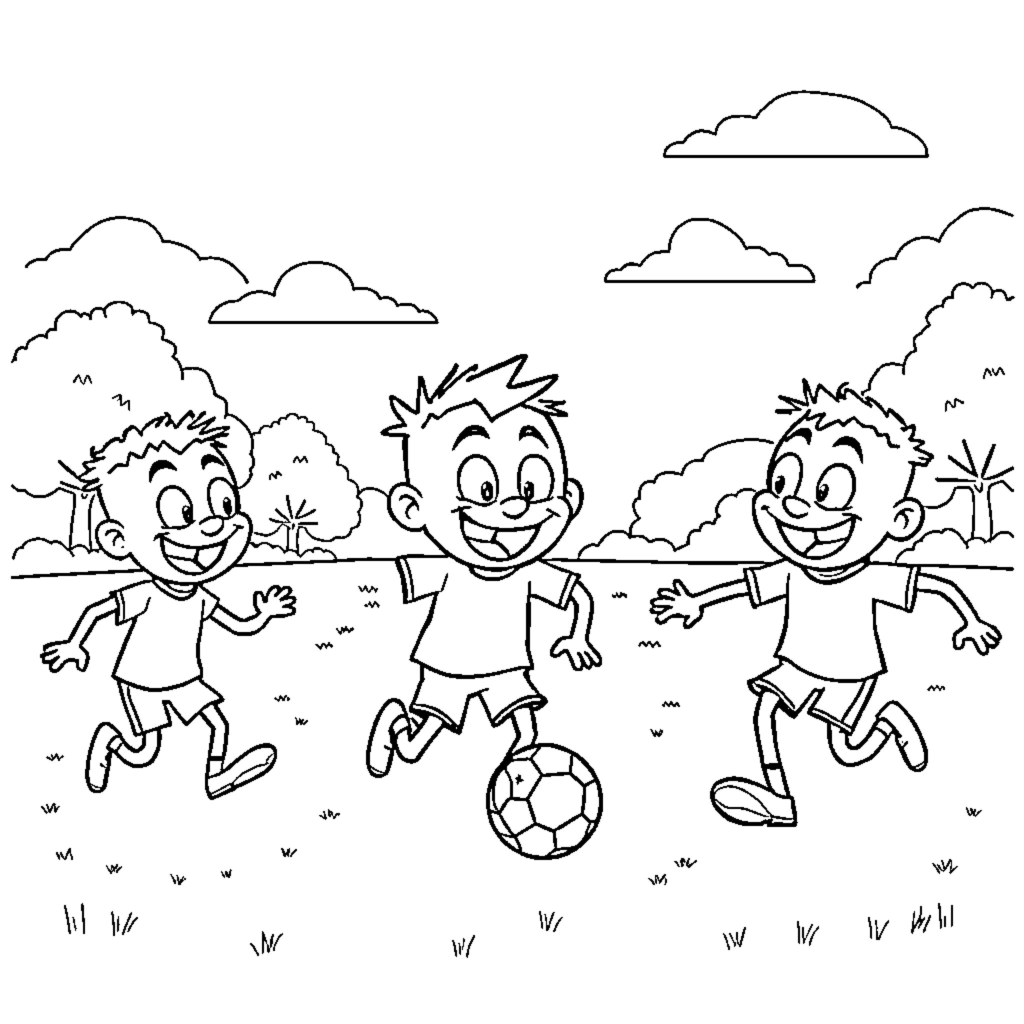 Brainrot Character Playing Soccer with Friends in the Park Coloring Page (free black-and-white line drawing printable PDF for all, from beginners to advanced learners, including children, teens, adults, and seniors)