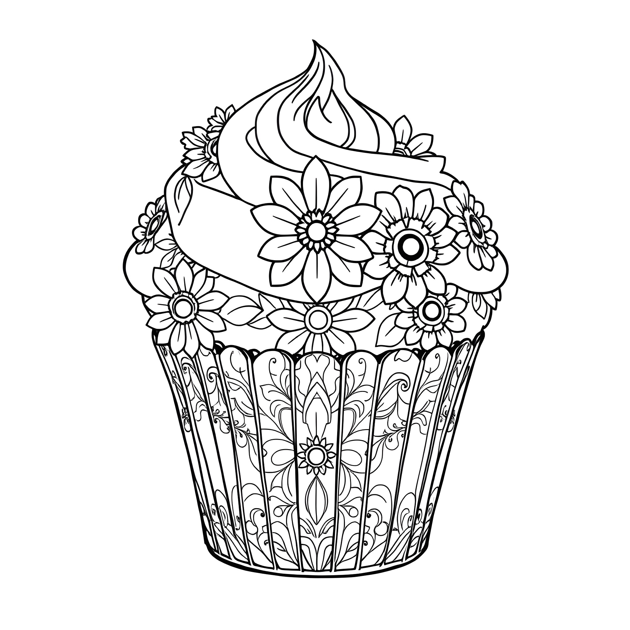 Cupcake decorated with intricate floral patterns Coloring Page (free black-and-white line drawing printable PDF for all, from beginners to advanced learners, including children, teens, adults, and seniors)