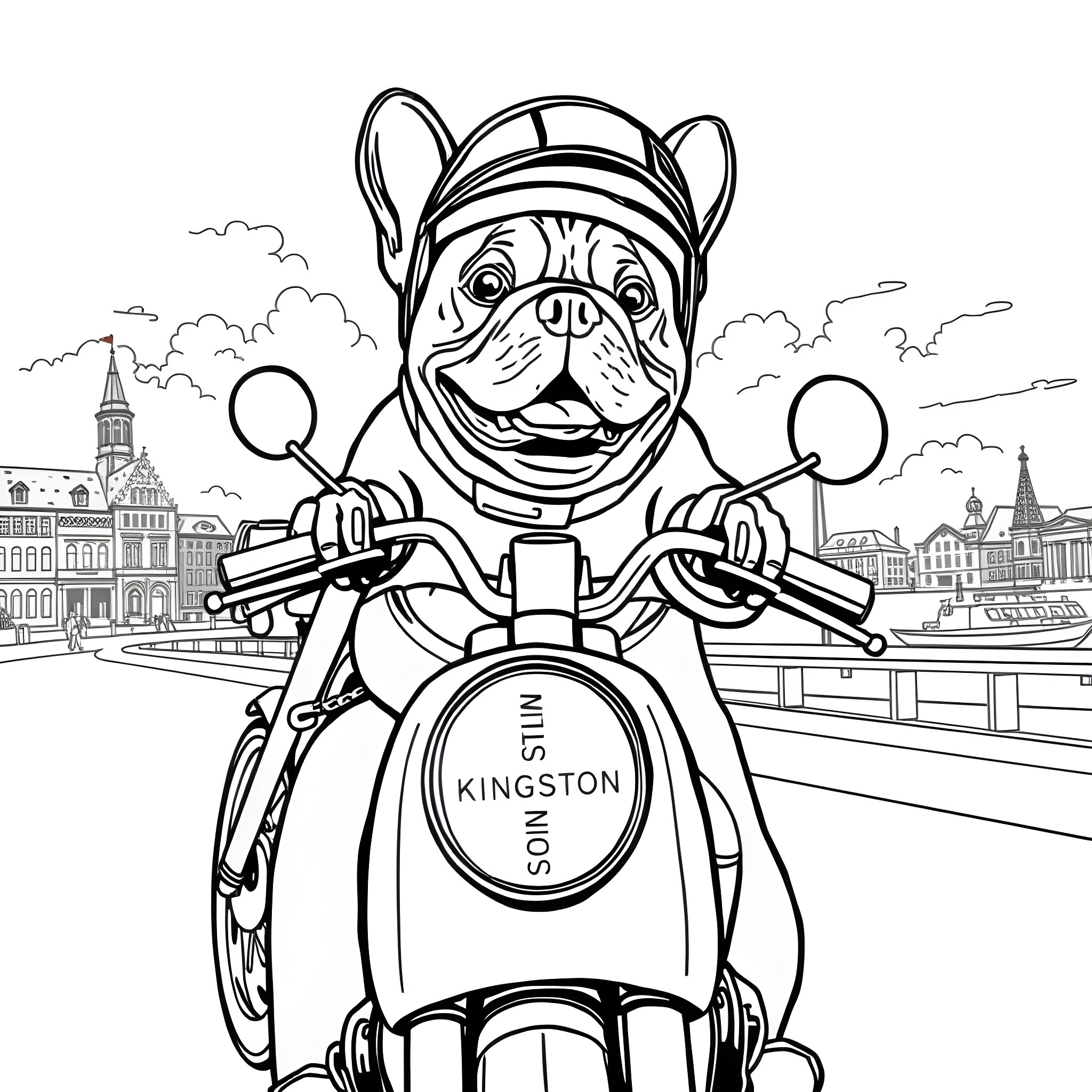 Frenchie riding motorcycle through city streets Coloring Page (free black-and-white line drawing printable PDF for all, from beginners to advanced learners, including children, teens, adults, and seniors)