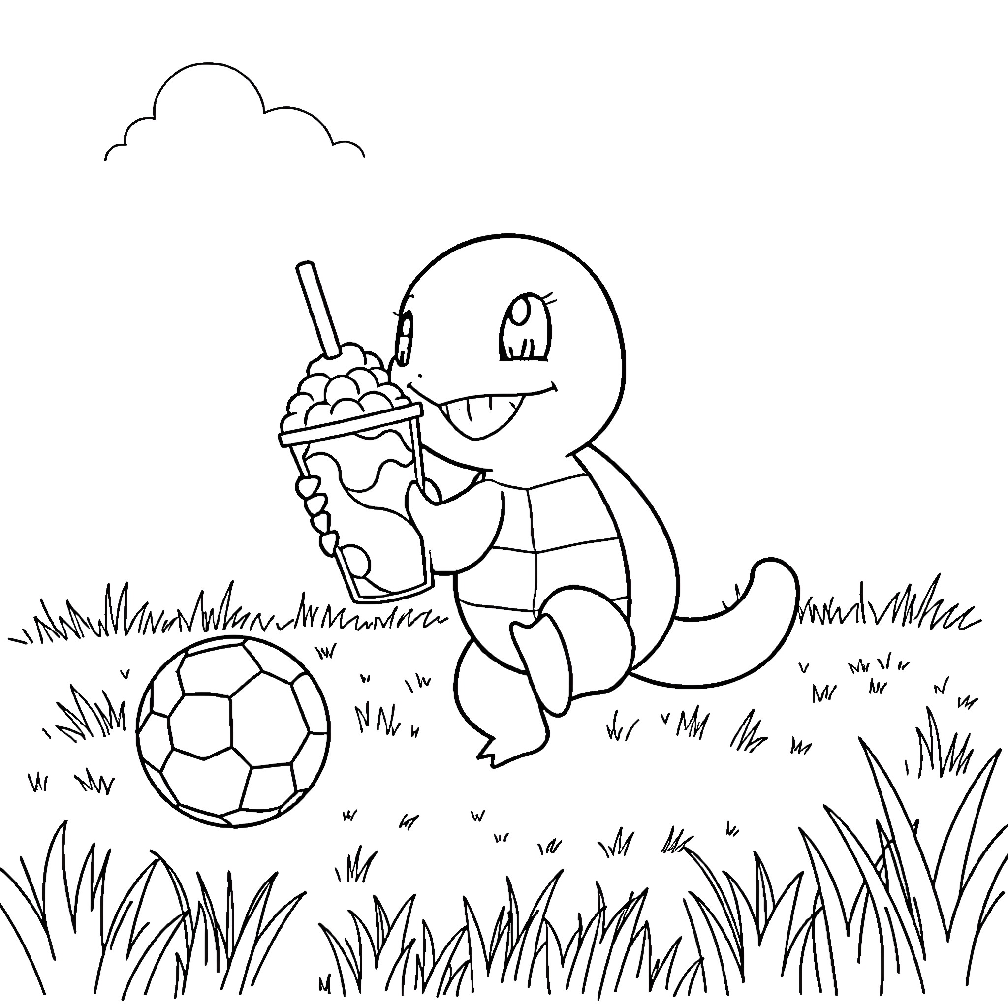 Squirtle playing with a soccer ball and enjoying a milkshake Coloring Page (free black-and-white line drawing printable PDF for all, from beginners to advanced learners, including children, teens, adults, and seniors)