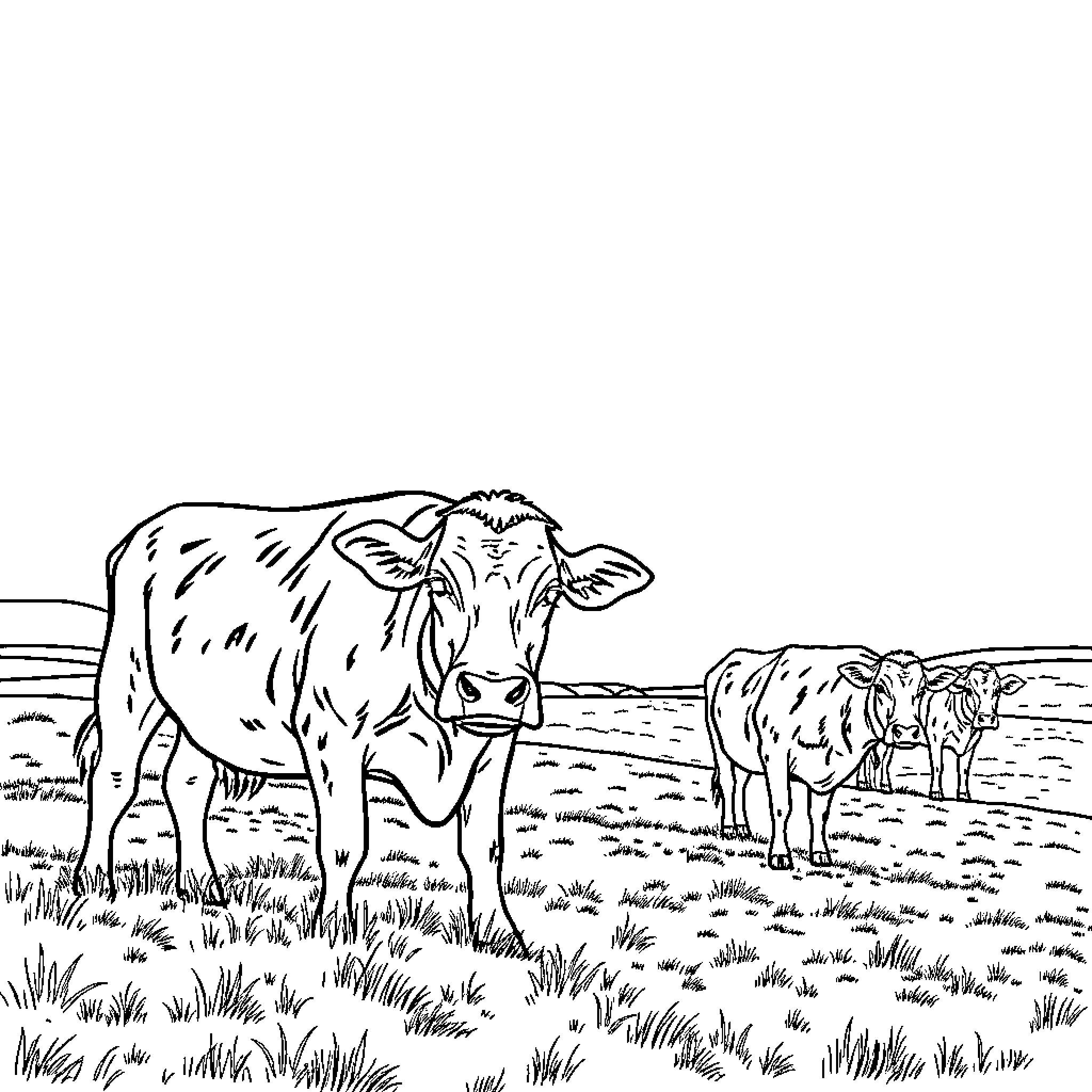 Cow grazing peacefully in a rural field Coloring Page (free black-and-white line drawing printable PDF for all, from beginners to advanced learners, including children, teens, adults, and seniors)