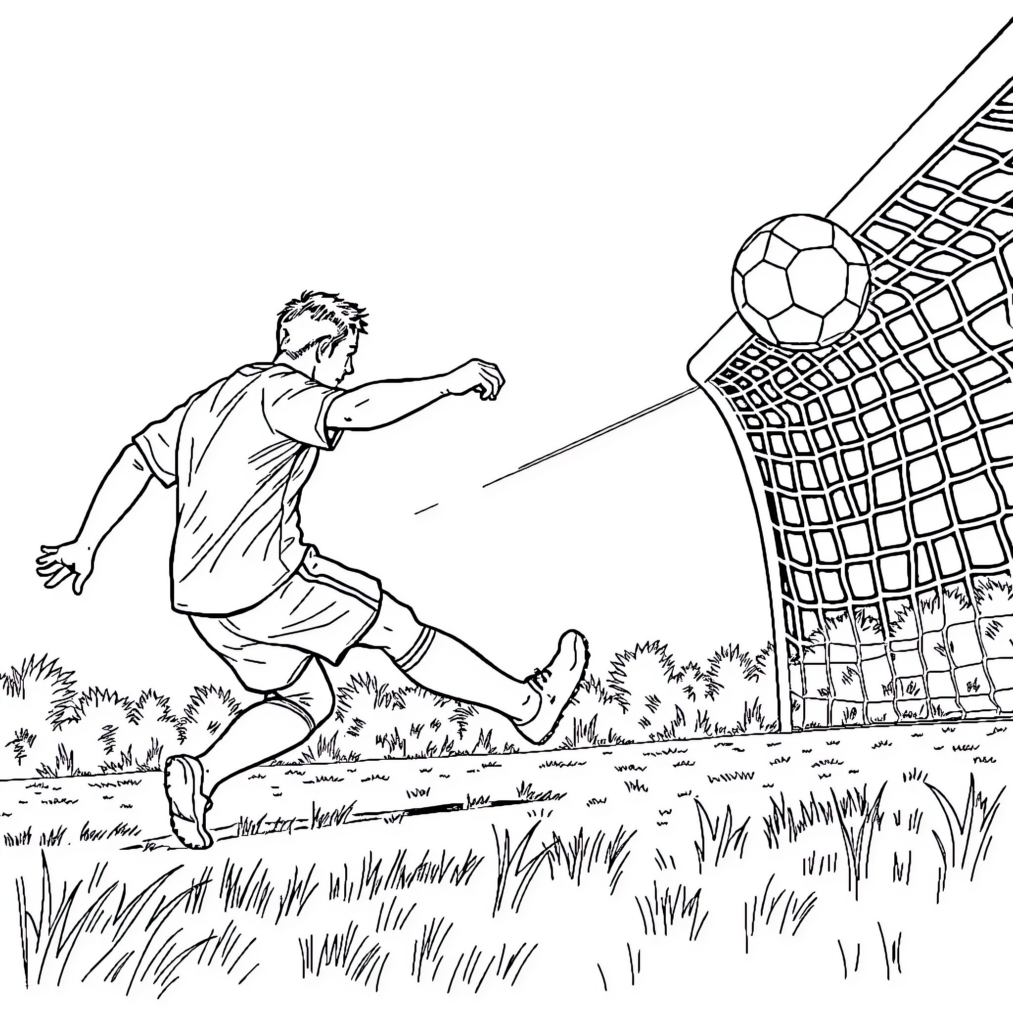 Defender kicking football towards the goal Coloring Page (free black-and-white line drawing printable PDF for all, from beginners to advanced learners, including children, teens, adults, and seniors)