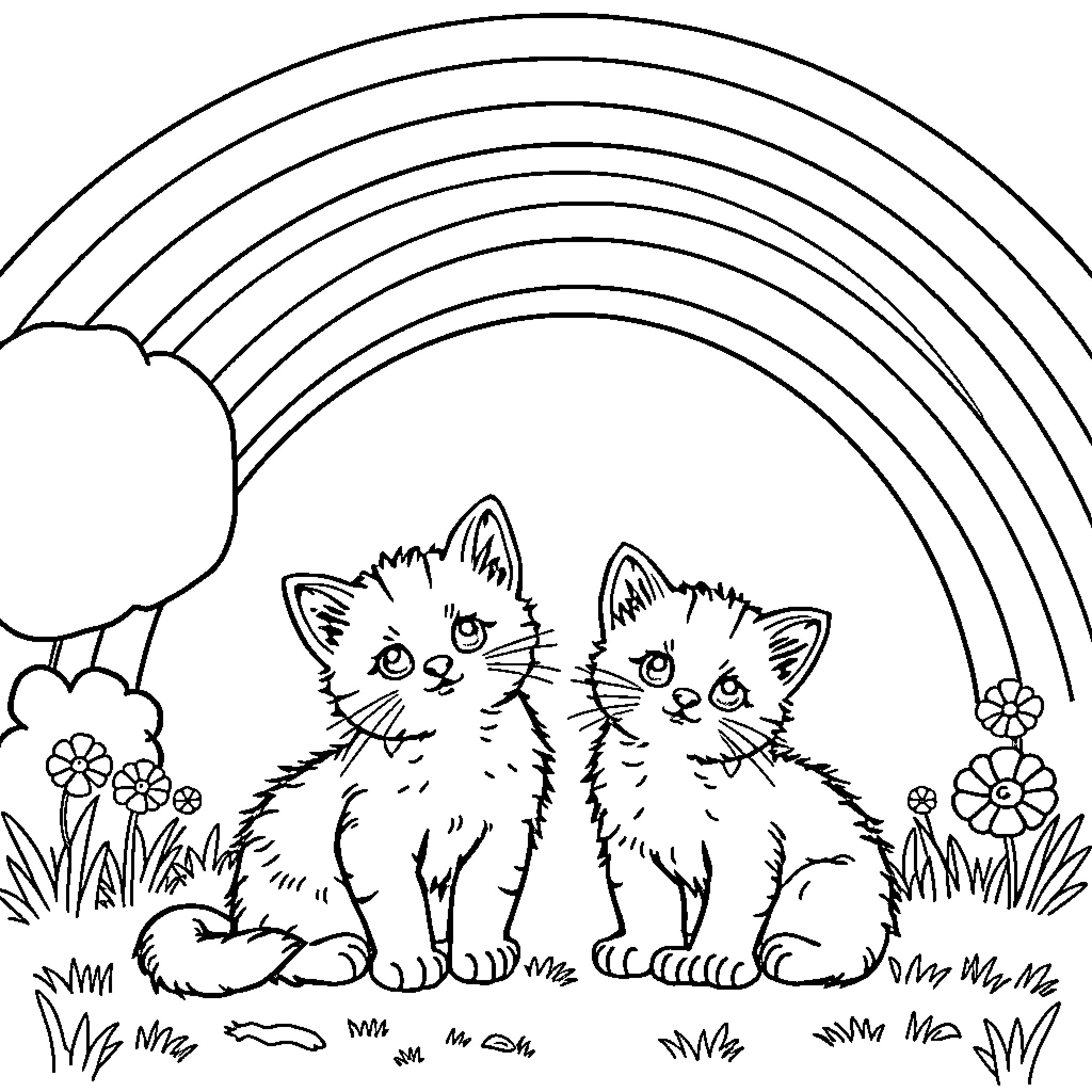 Kitty friends sit under rainbow Coloring Page (free black-and-white line drawing printable PDF for all, from beginners to advanced learners, including children, teens, adults, and seniors)