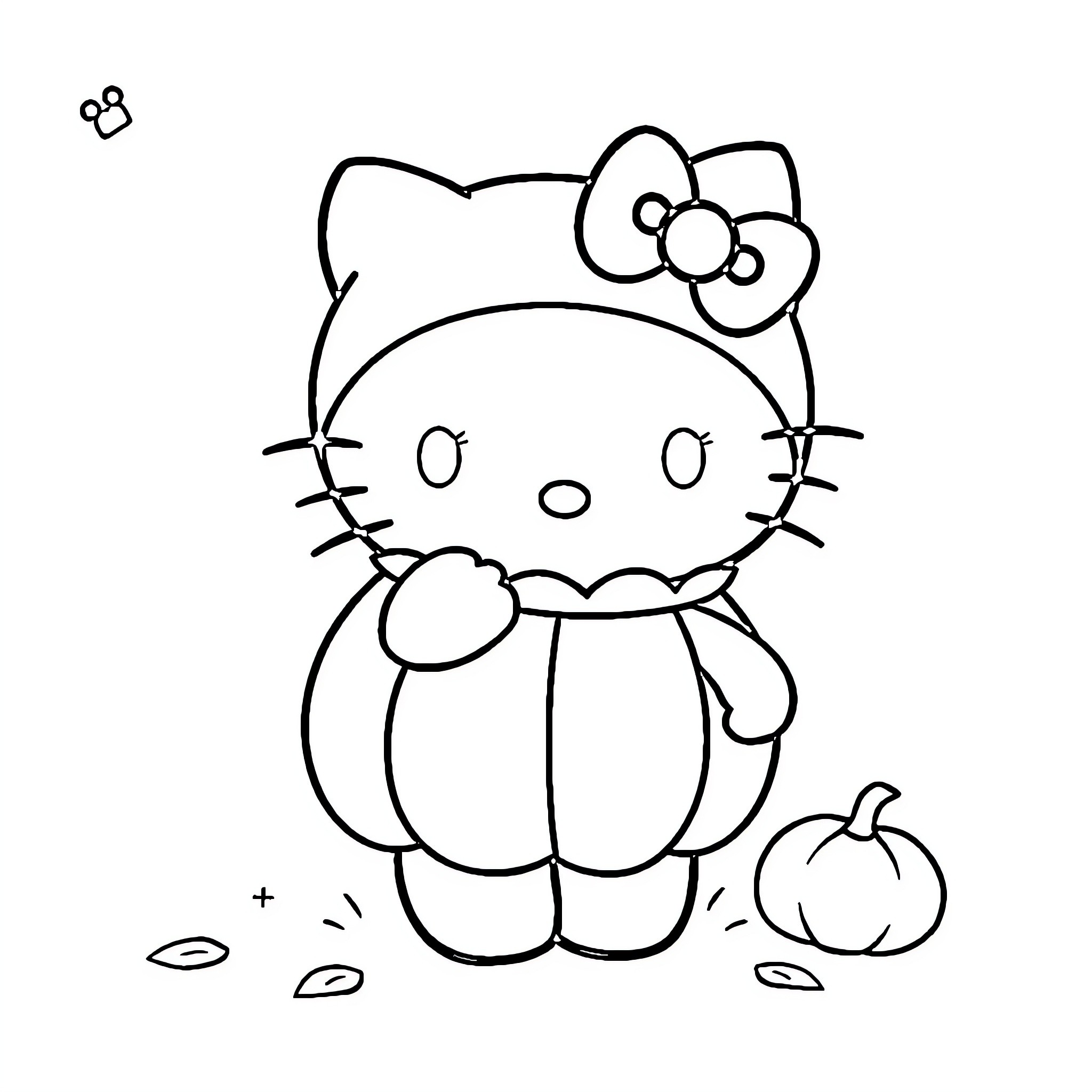 Hello Kitty Autumn Harvest Time Coloring Page (free black-and-white line drawing printable PDF for all, from beginners to advanced learners, including children, teens, adults, and seniors)