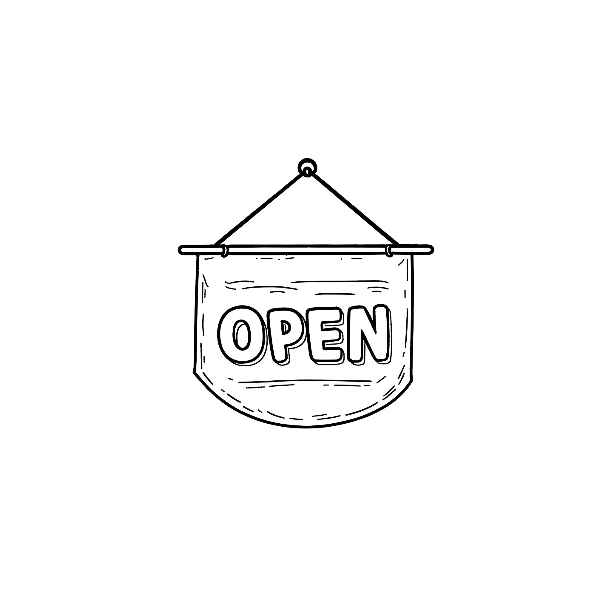 Open Sign Hanging on Wall Coloring Page (free black-and-white line drawing printable PDF for all, from beginners to advanced learners, including children, teens, adults, and seniors)