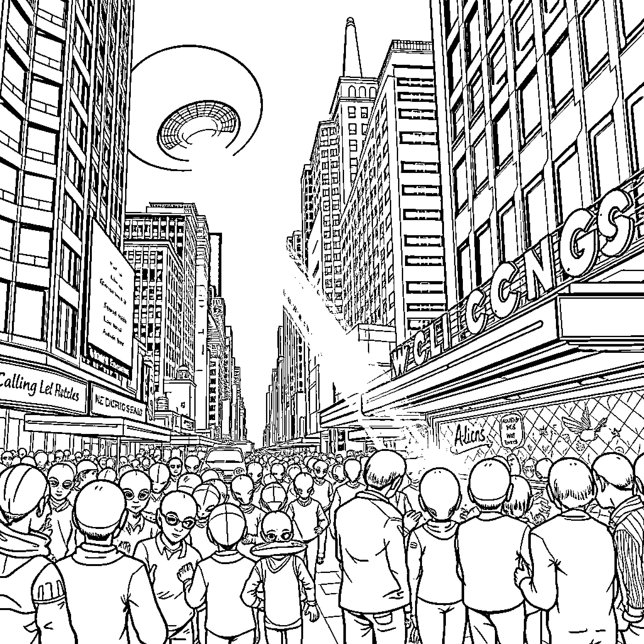 Alien visitors explore the bustling city streets Coloring Page (free black-and-white line drawing printable PDF for all, from beginners to advanced learners, including children, teens, adults, and seniors)