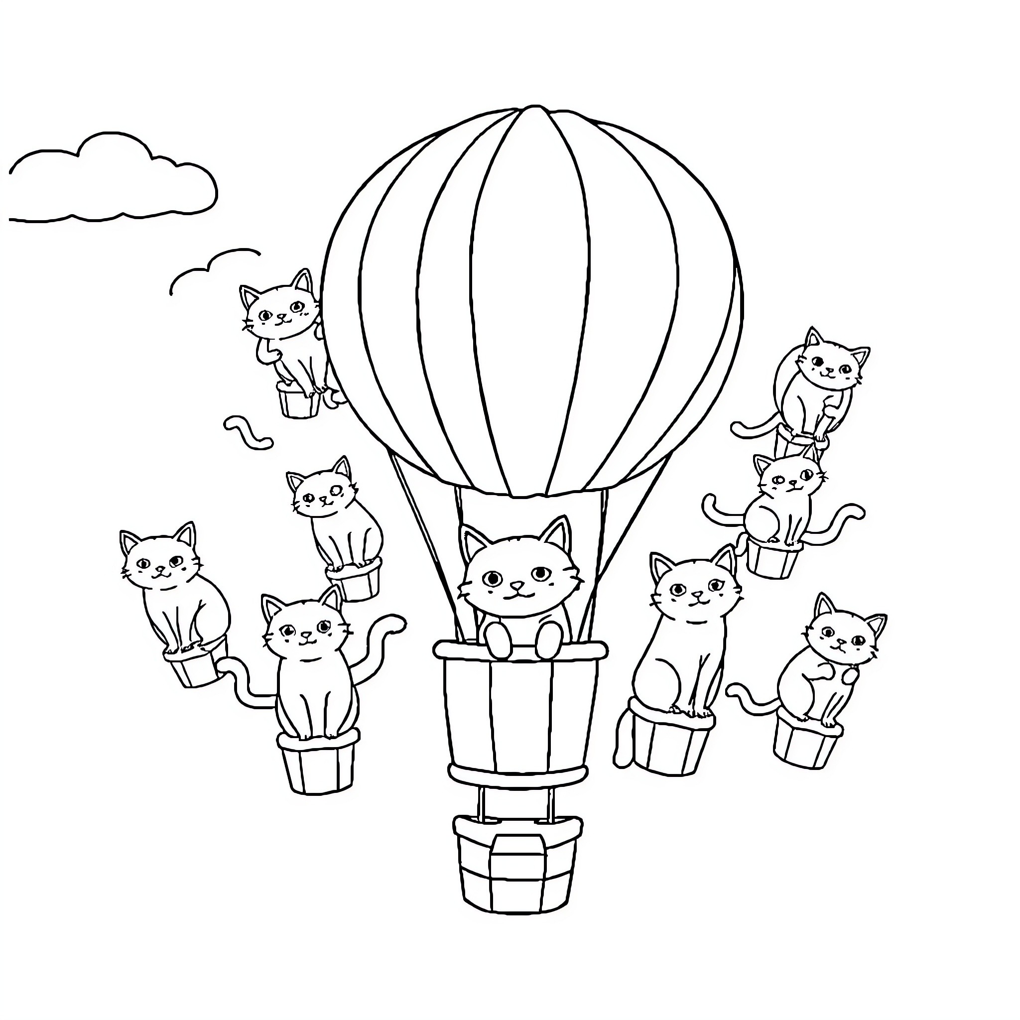 Cat riding hot air balloon with friends Coloring Page (free black-and-white line drawing printable PDF for all, from beginners to advanced learners, including children, teens, adults, and seniors)