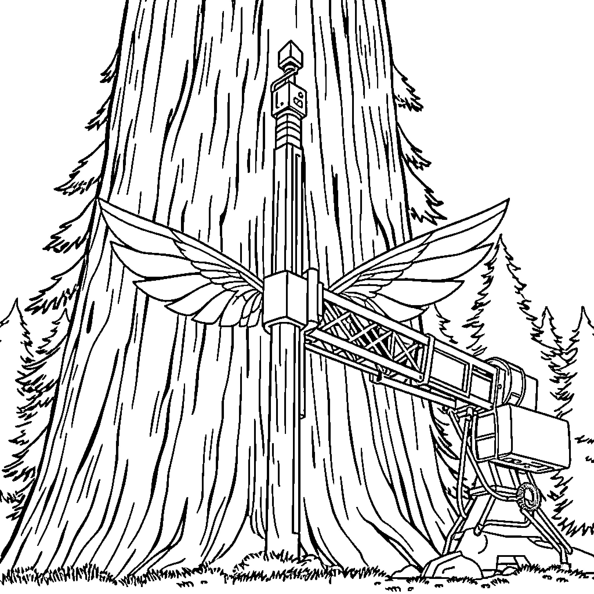 Drilling Machine Exploring the Majestic Forest Landscape Coloring Page (free black-and-white line drawing printable PDF for all, from beginners to advanced learners, including children, teens, adults, and seniors)