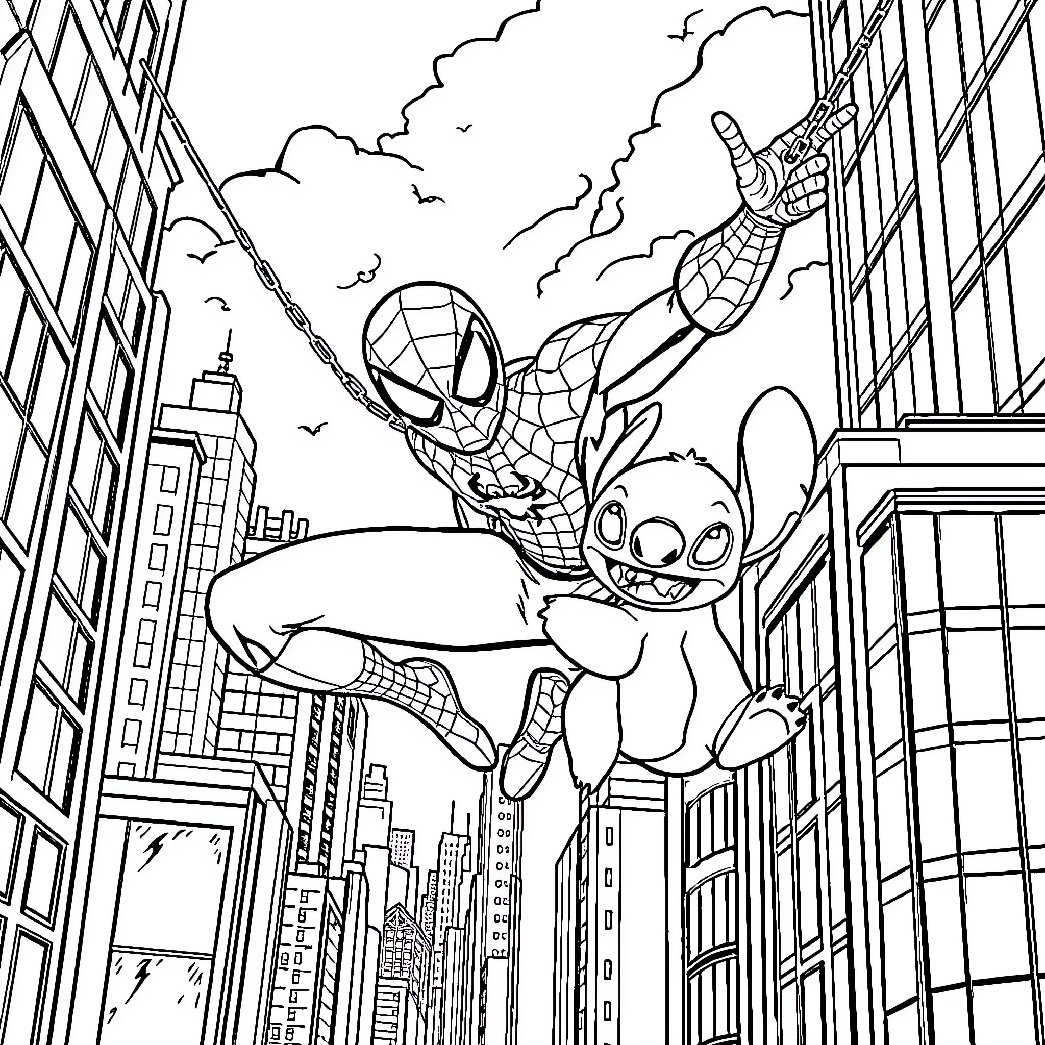 Spiderman swinging with Stitch through city skyline Coloring Page (free black-and-white line drawing printable PDF for all, from beginners to advanced learners, including children, teens, adults, and seniors)
