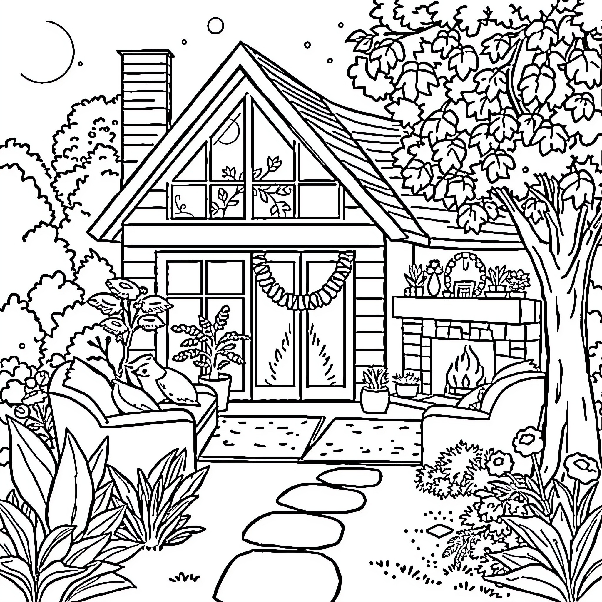 Home in the Enchanting Forest Coloring Page (free black-and-white line drawing printable PDF for all, from beginners to advanced learners, including children, teens, adults, and seniors)