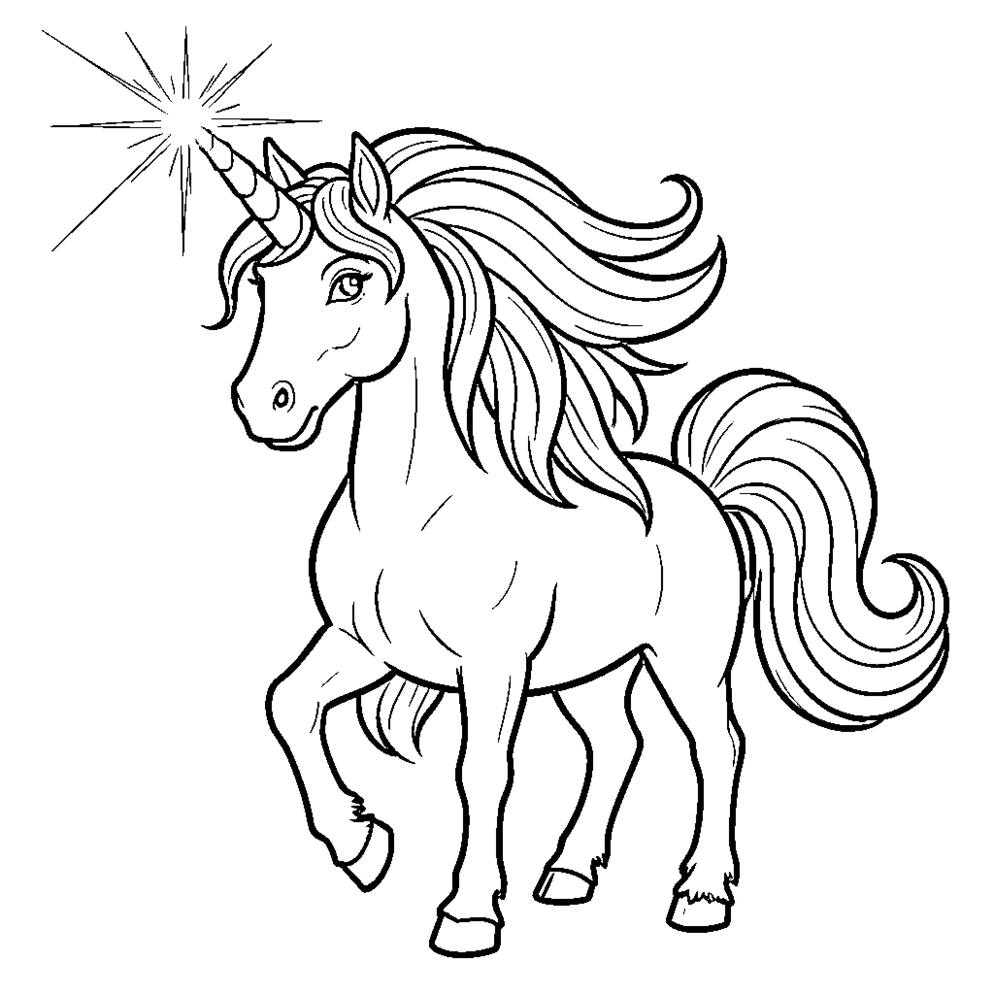 Unicorn standing proudly with a sparkling horn Coloring Page (free black-and-white line drawing printable PDF for all, from beginners to advanced learners, including children, teens, adults, and seniors)