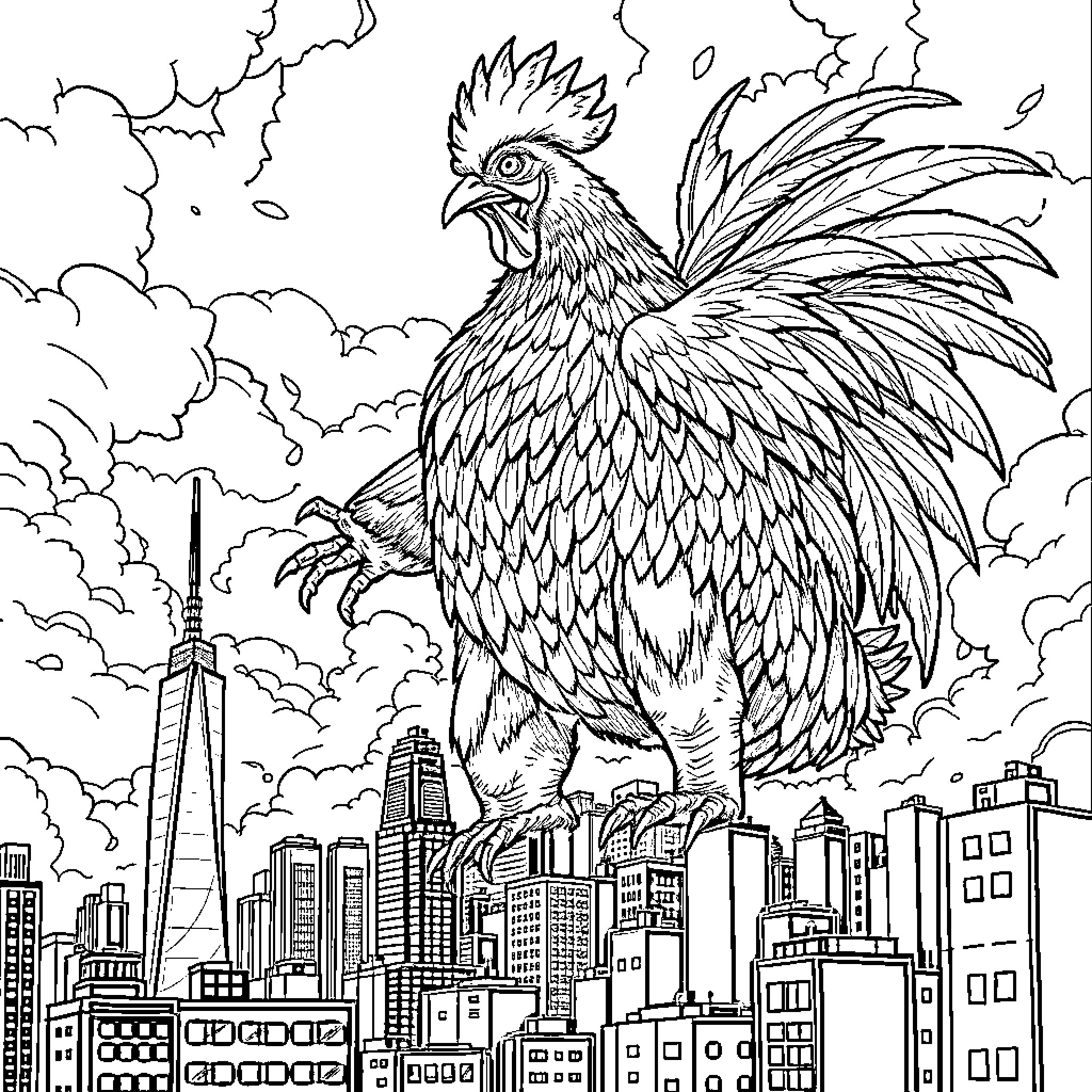 Chicken soaring over a city skyline Coloring Page (free black-and-white line drawing printable PDF for all, from beginners to advanced learners, including children, teens, adults, and seniors)