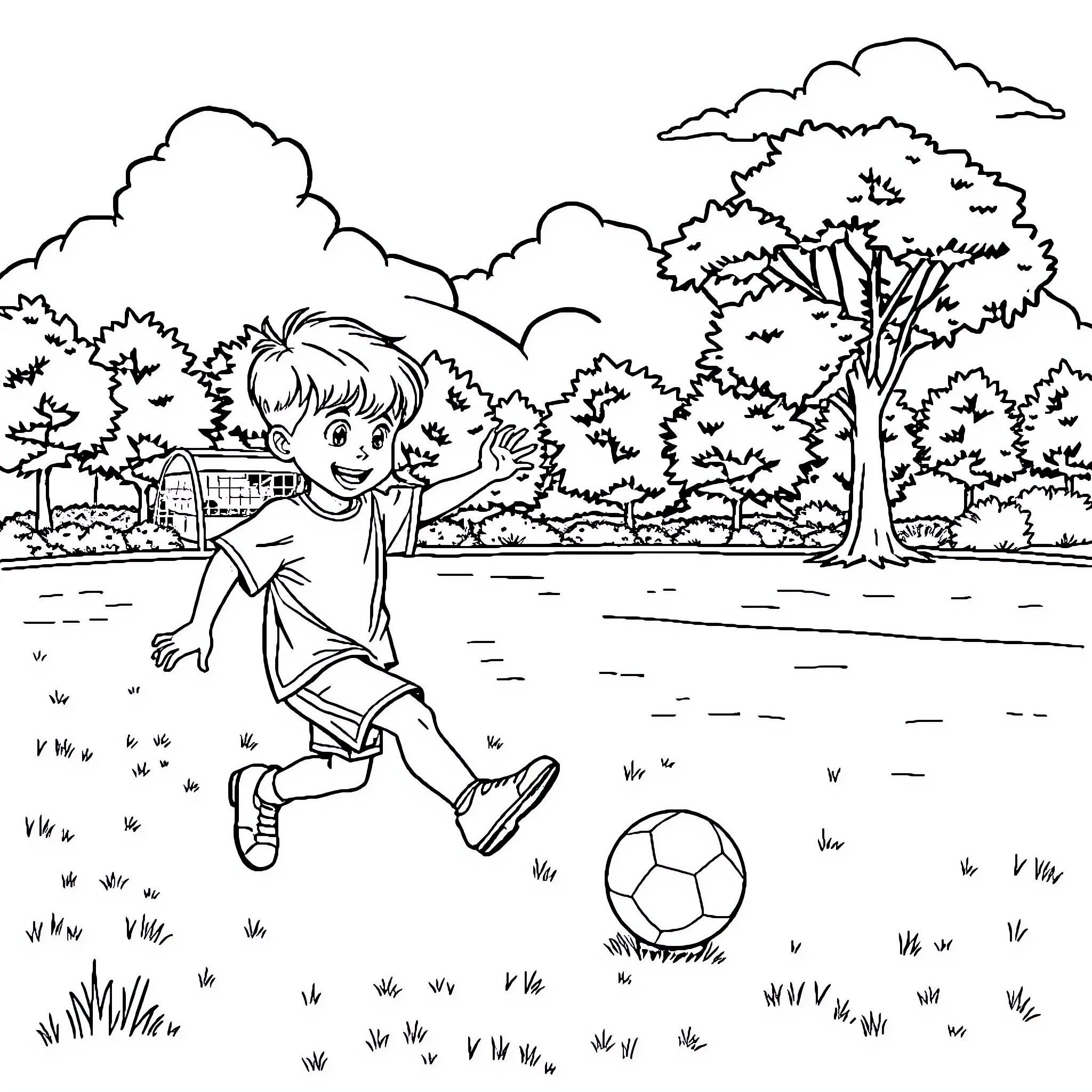 Kid playing with soccer ball in the park Coloring Page (free black-and-white line drawing printable PDF for all, from beginners to advanced learners, including children, teens, adults, and seniors)