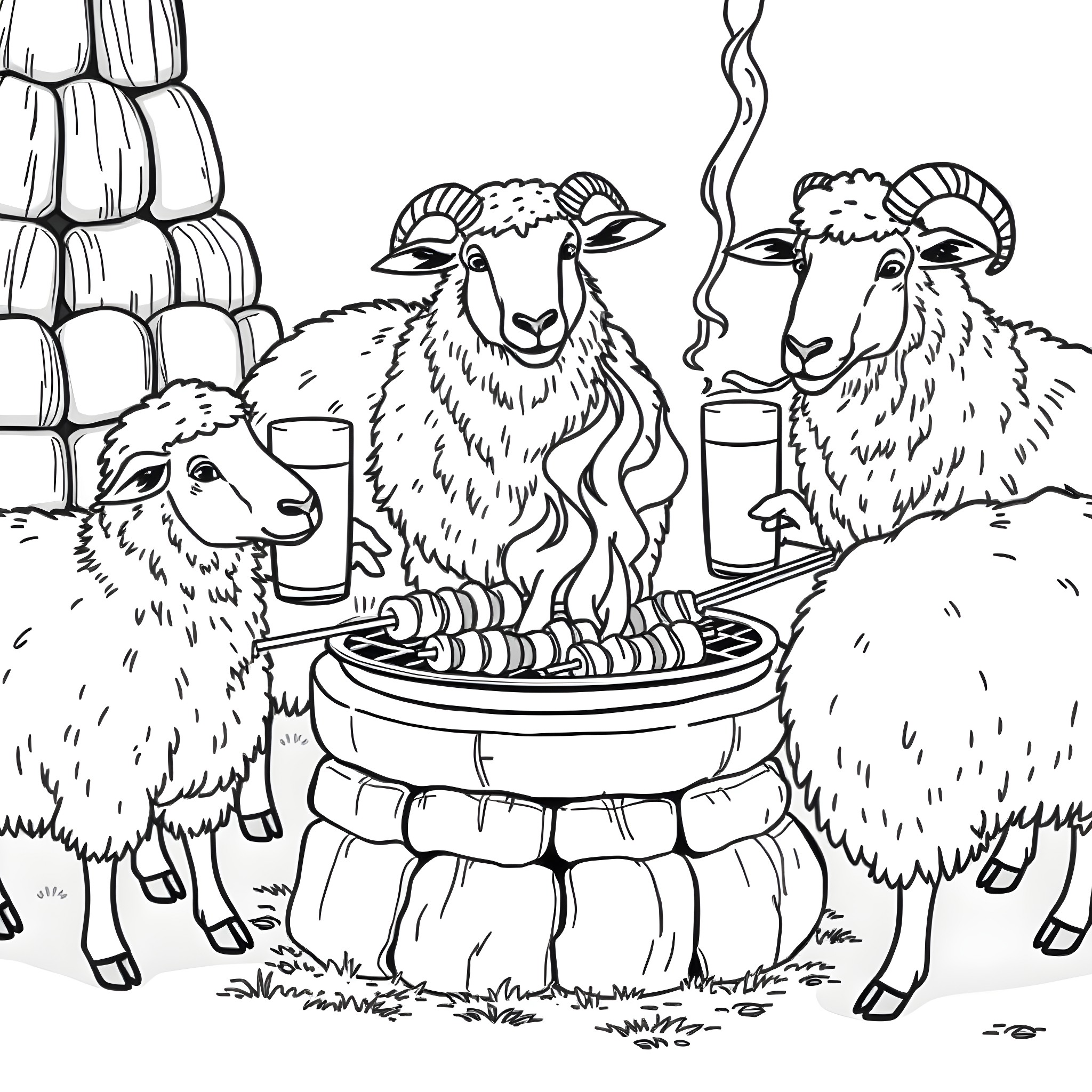 Sheep relaxing and socializing around a campfire Coloring Page (free black-and-white line drawing printable PDF for all, from beginners to advanced learners, including children, teens, adults, and seniors)