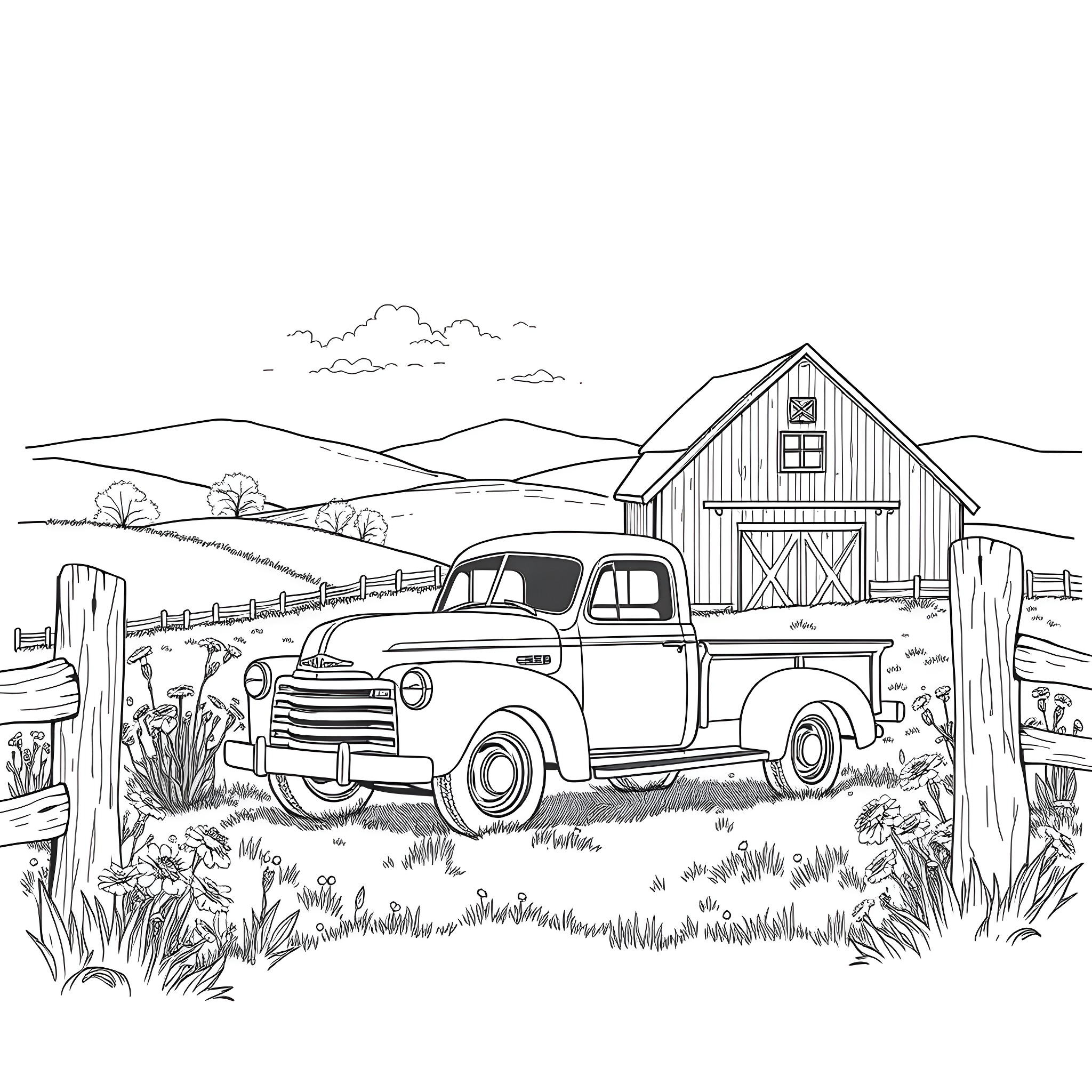 Truck parked in front of a rustic barn on a rural landscape Coloring Page (free black-and-white line drawing printable PDF for all, from beginners to advanced learners, including children, teens, adults, and seniors)