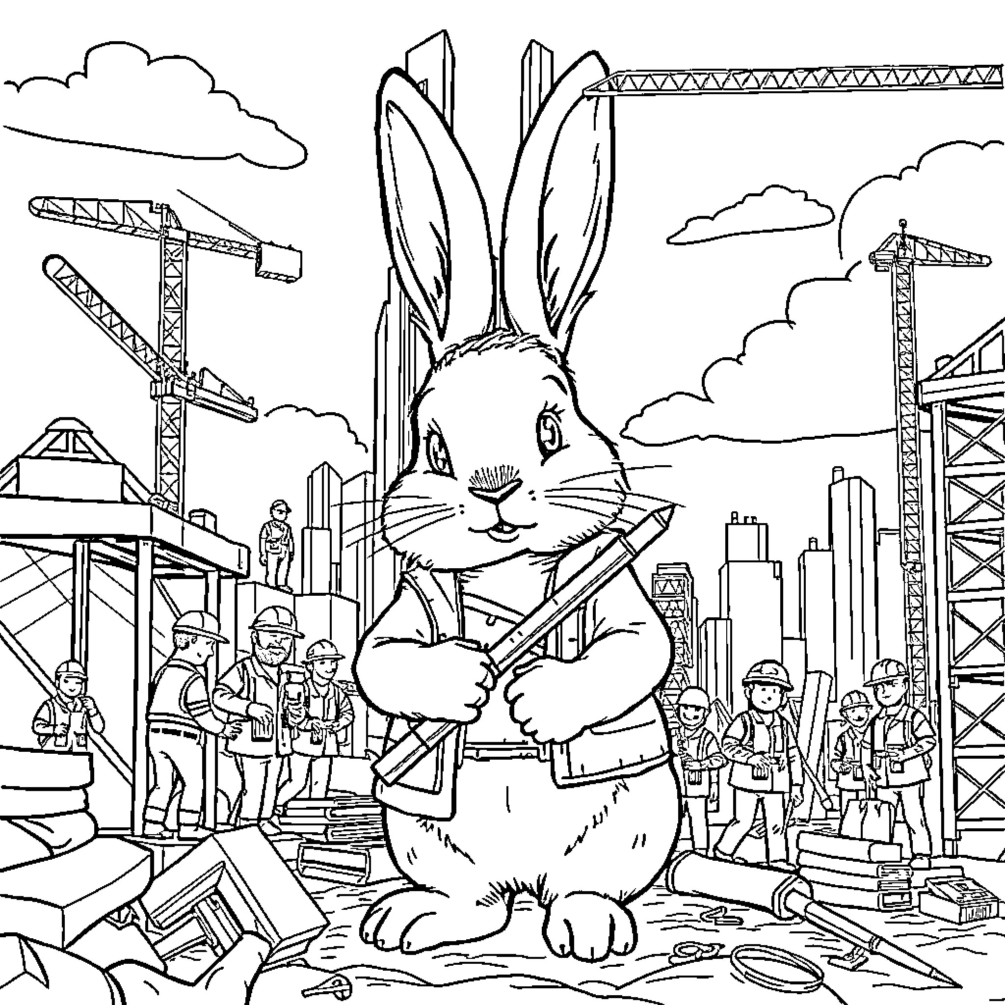 Rabbit architect overseeing construction site Coloring Page (free black-and-white line drawing printable PDF for all, from beginners to advanced learners, including children, teens, adults, and seniors)
