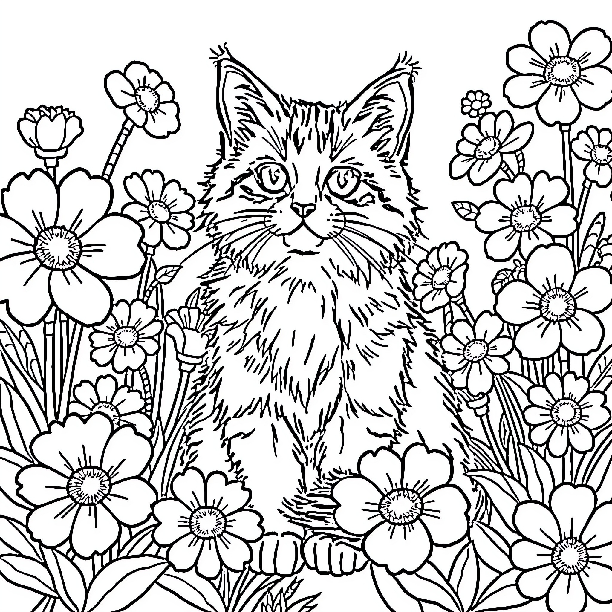 Cat surrounded by beautiful flowers Coloring Page (free black-and-white line drawing printable PDF for all, from beginners to advanced learners, including children, teens, adults, and seniors)