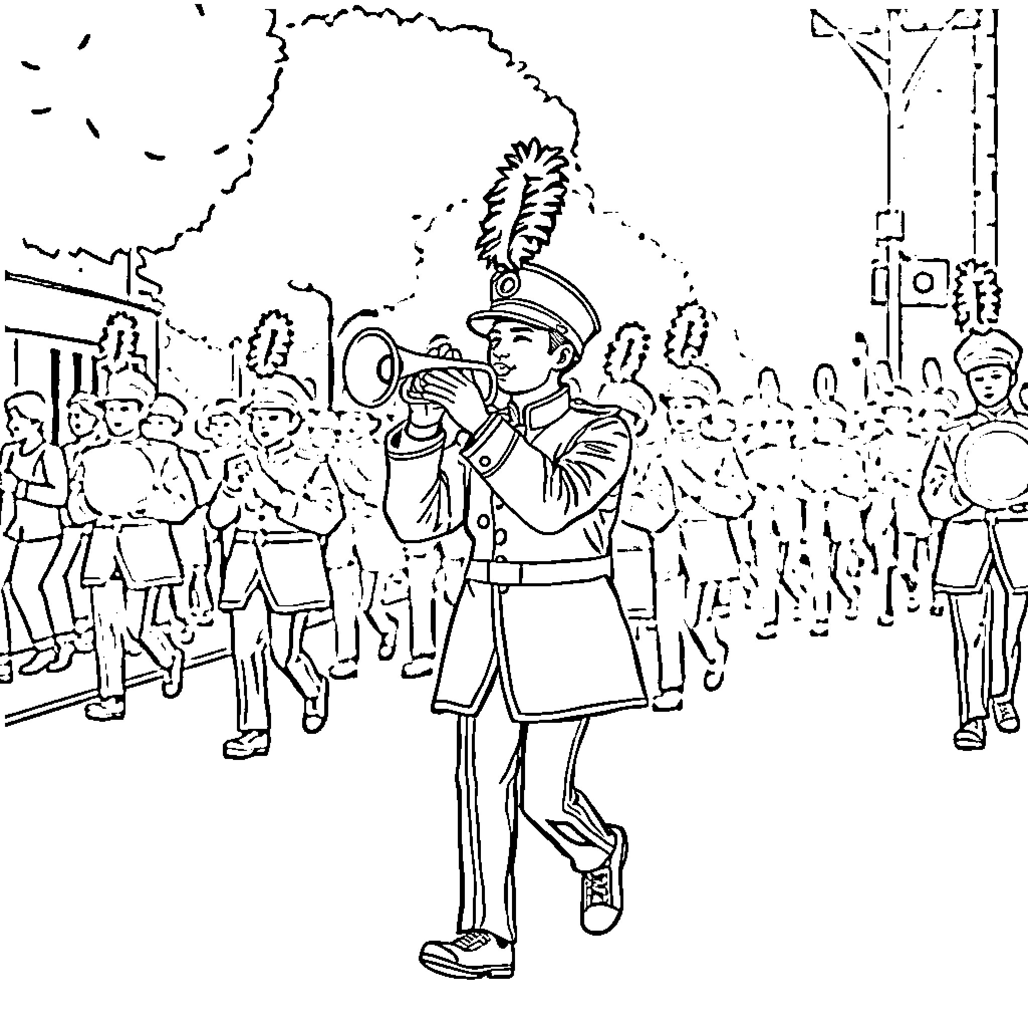 Band Member Performing at a Parade Coloring Page (free black-and-white line drawing printable PDF for all, from beginners to advanced learners, including children, teens, adults, and seniors)