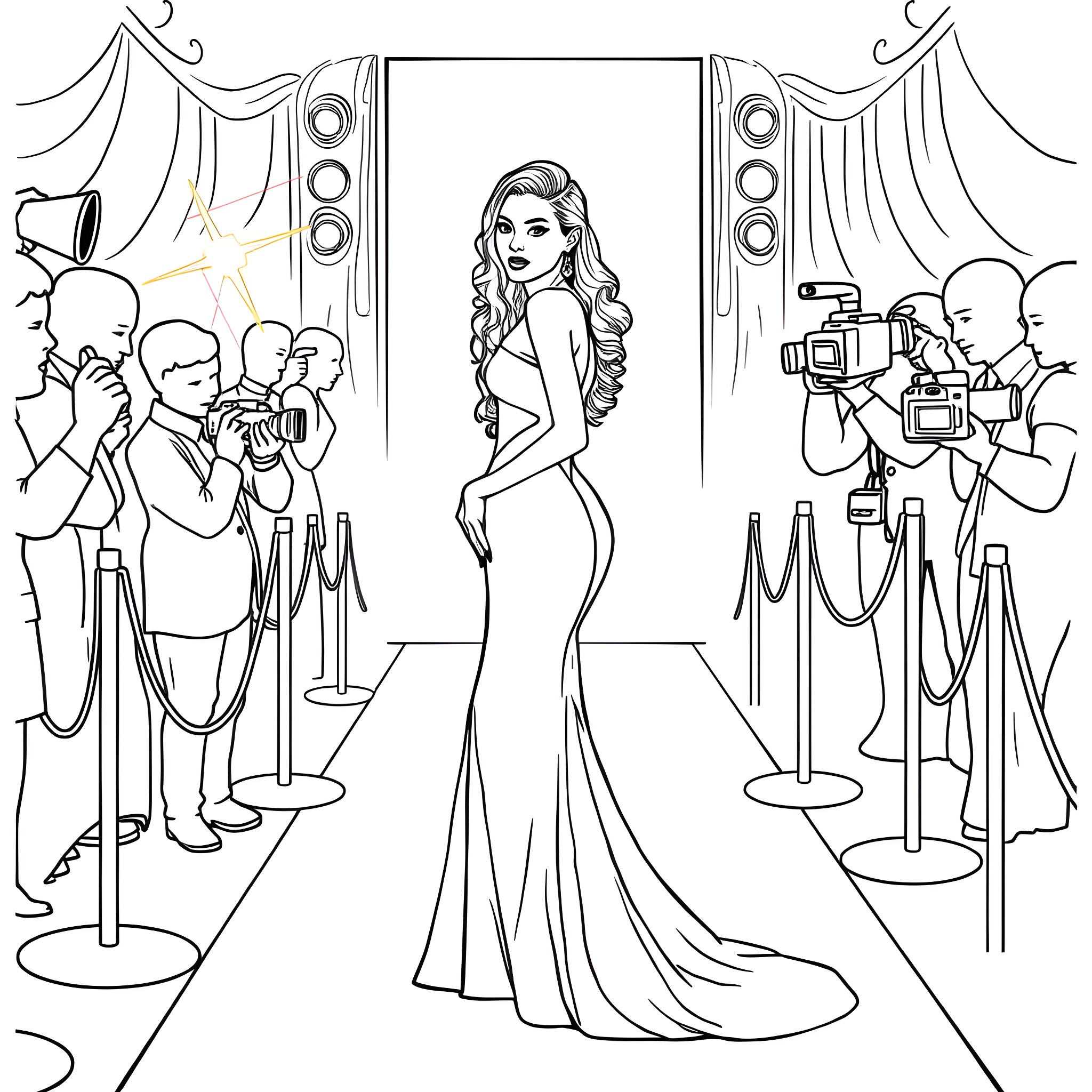 Zendaya's Glamorous Red Carpet Moment Coloring Page (free black-and-white line drawing printable PDF for all, from beginners to advanced learners, including children, teens, adults, and seniors)