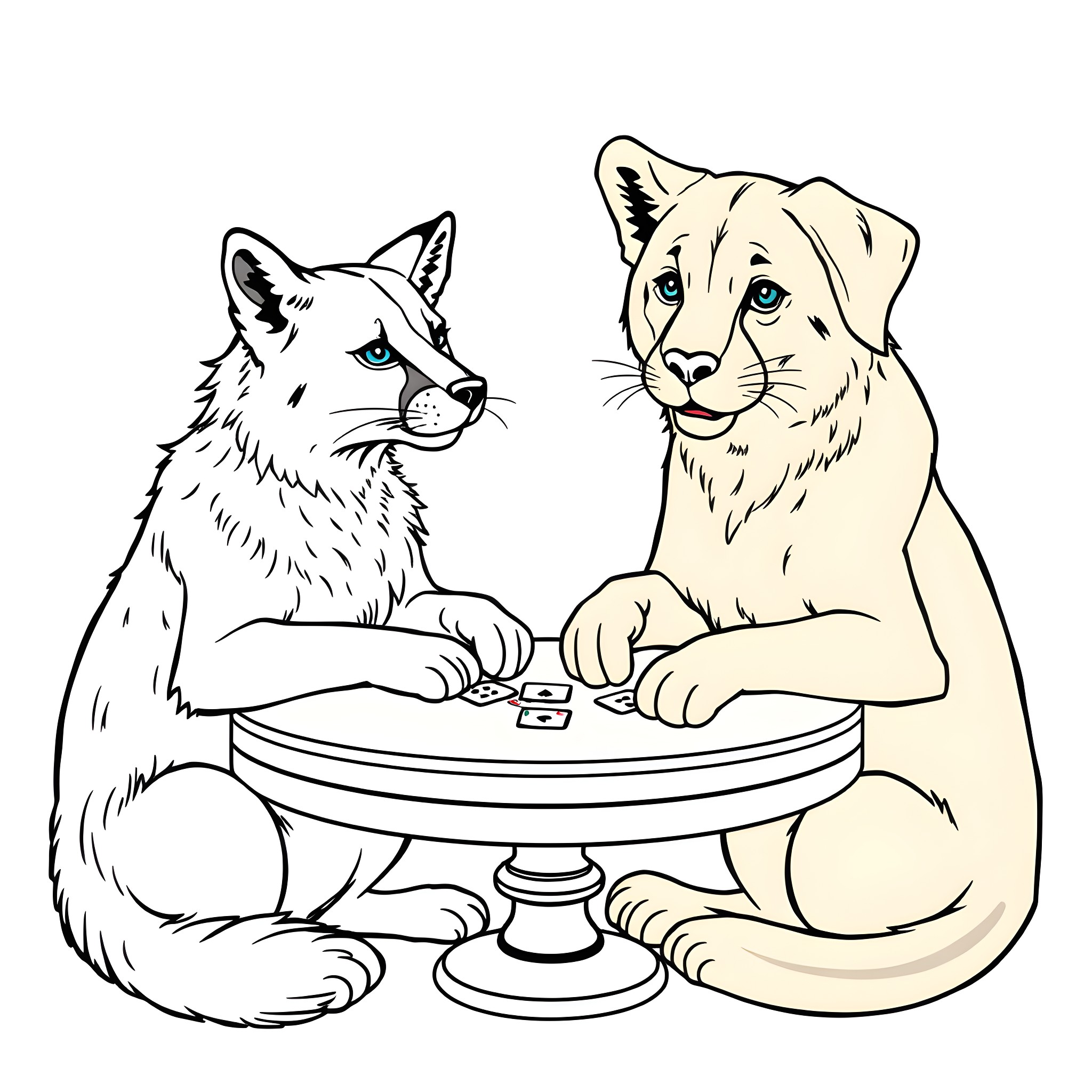 Retriever and Fox Playing Together Coloring Page (free black-and-white line drawing printable PDF for all, from beginners to advanced learners, including children, teens, adults, and seniors)