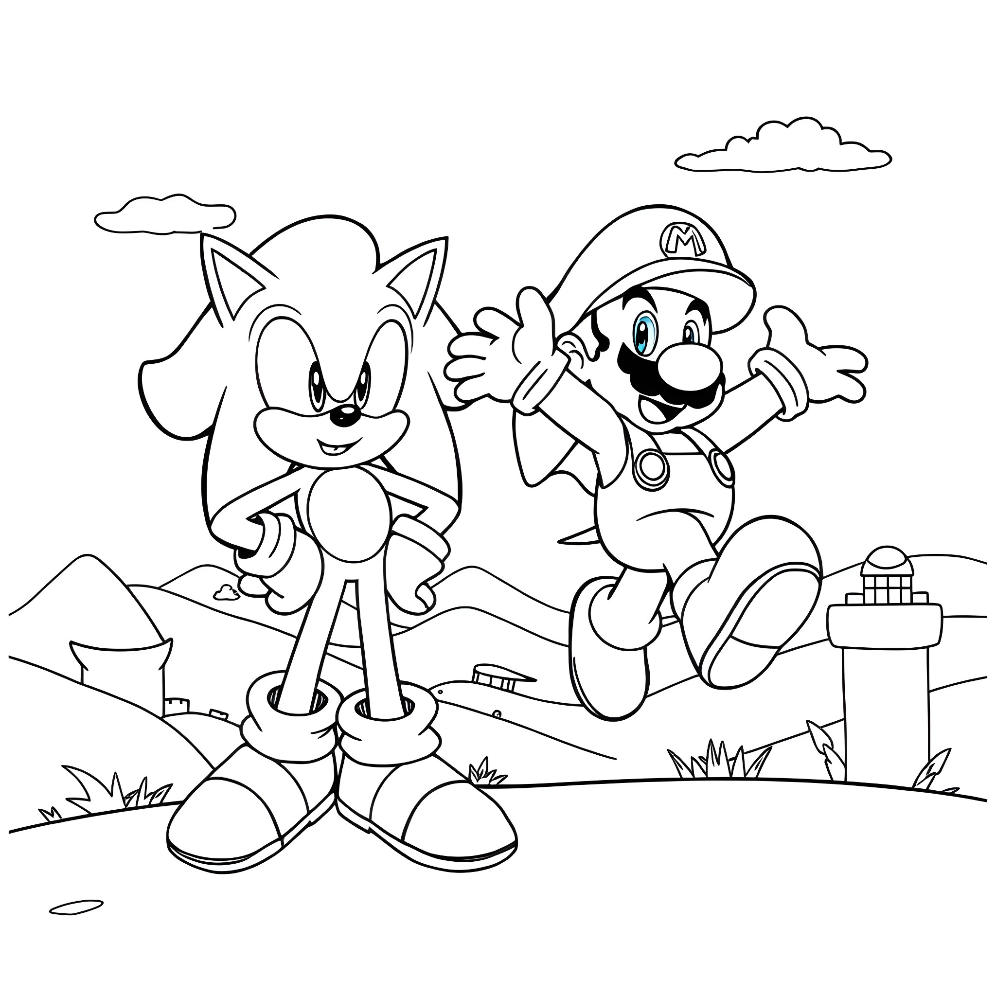 Sonic and Mario on a Lively Adventure Coloring Page (free black-and-white line drawing printable PDF for all, from beginners to advanced learners, including children, teens, adults, and seniors)