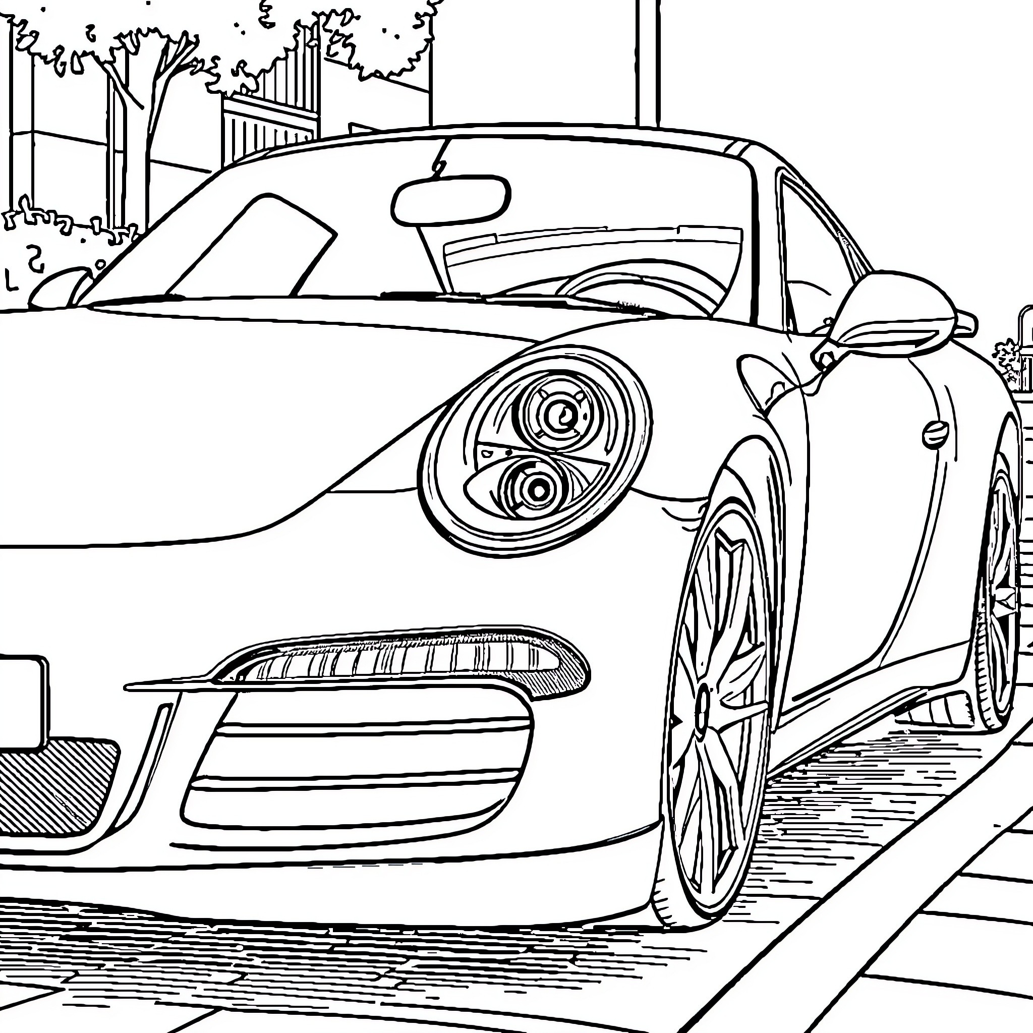 Porsche 911 sports car on city street Coloring Page (free black-and-white line drawing printable PDF for all, from beginners to advanced learners, including children, teens, adults, and seniors)