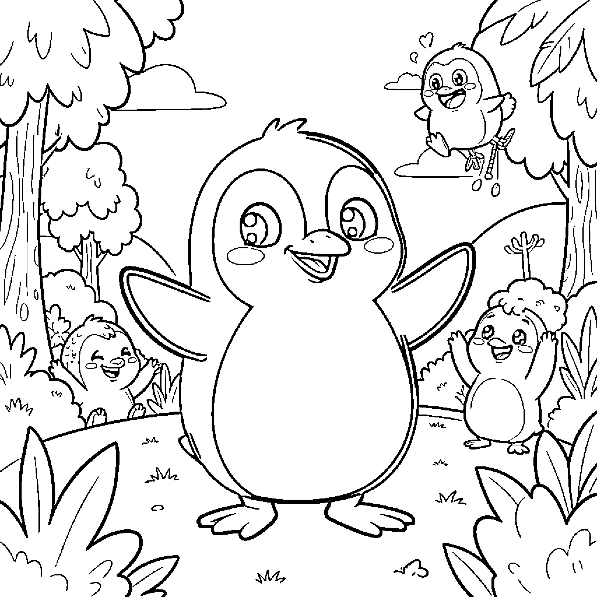 Pingu and friends cheering happily in a forest Coloring Page (free black-and-white line drawing printable PDF for all, from beginners to advanced learners, including children, teens, adults, and seniors)