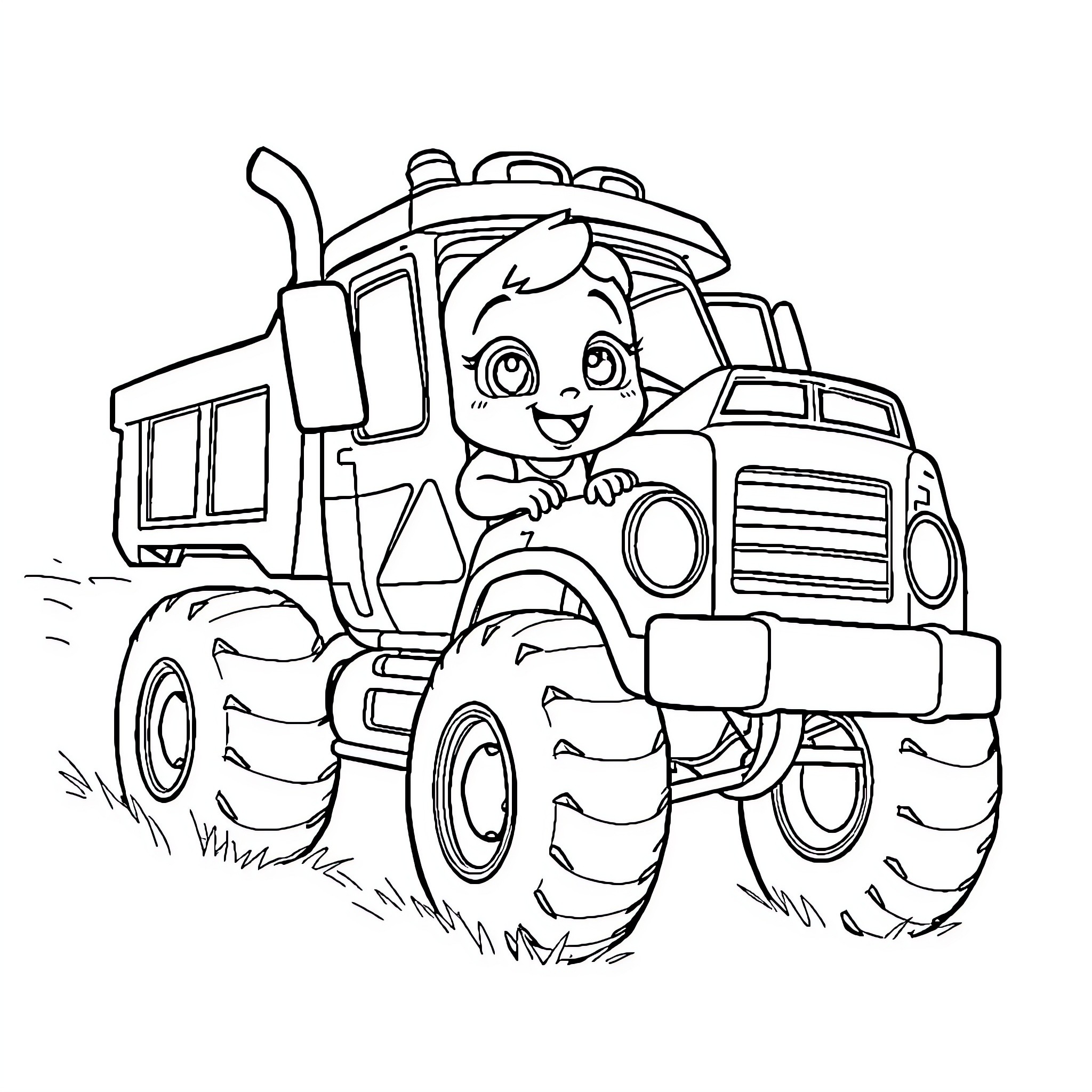 Bluey driving a large construction truck Coloring Page (free black-and-white line drawing printable PDF for all, from beginners to advanced learners, including children, teens, adults, and seniors)