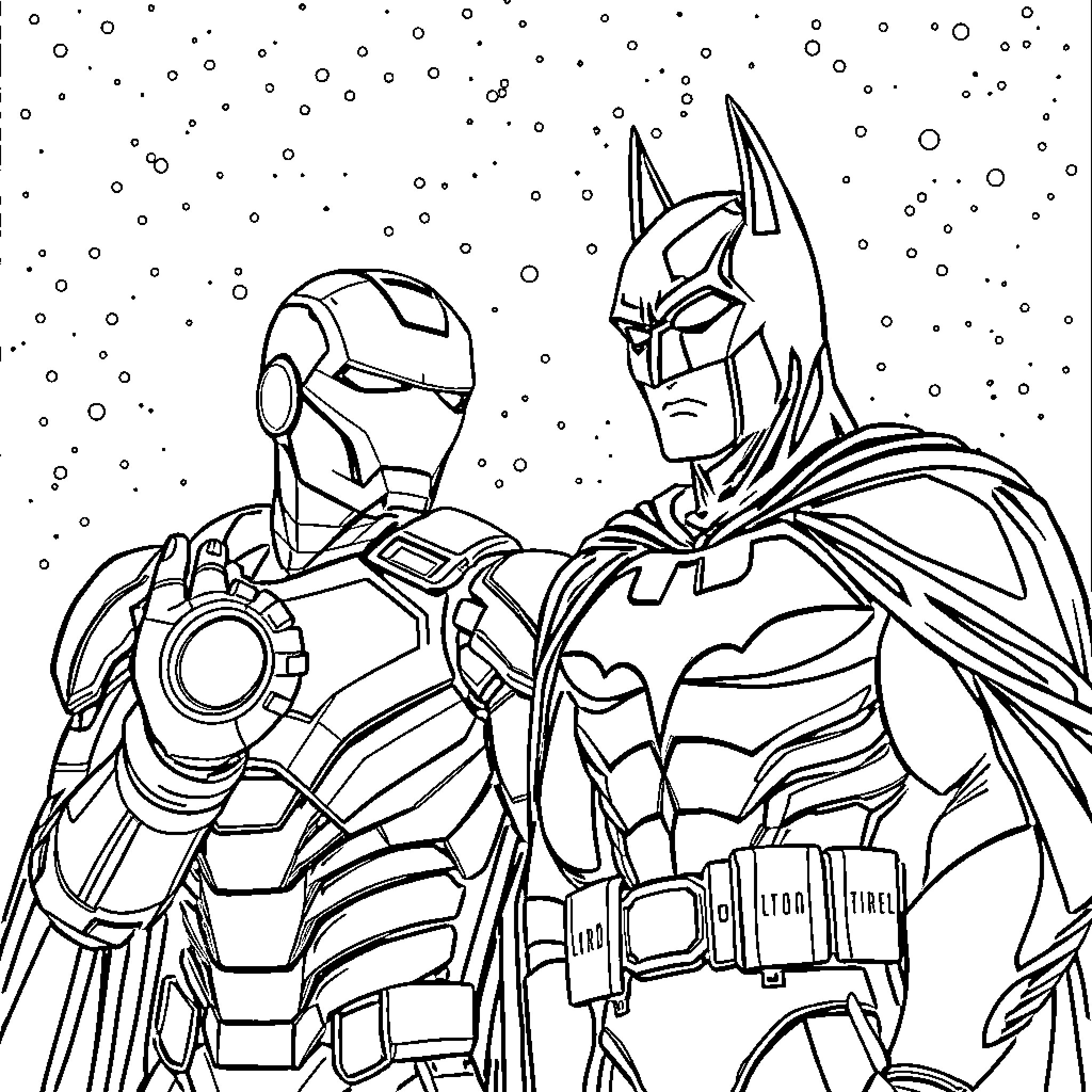Ironman and Batman in a Snowy Scene Coloring Page (free black-and-white line drawing printable PDF for all, from beginners to advanced learners, including children, teens, adults, and seniors)
