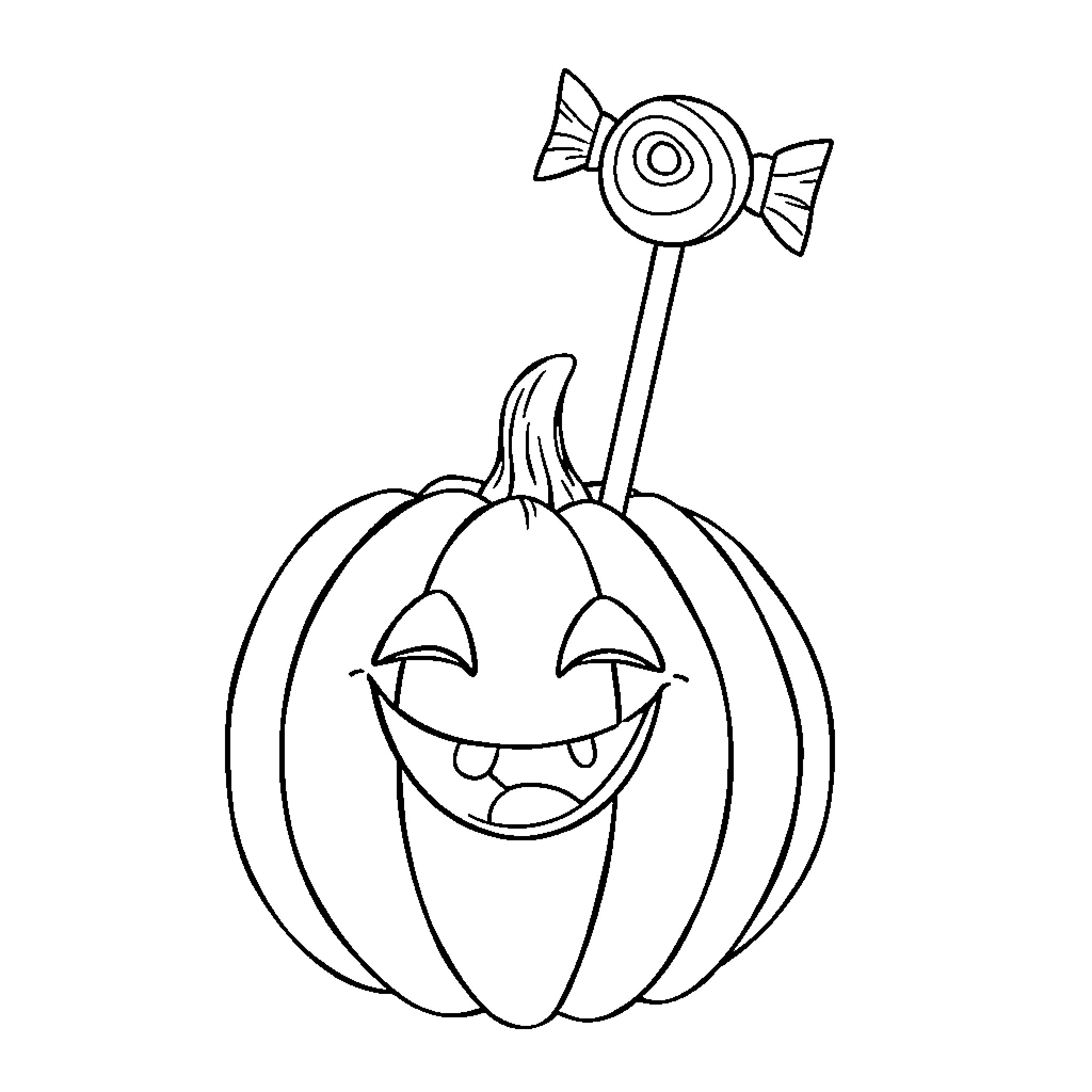 Pumpkin with whimsical character and lollipop Coloring Page (free black-and-white line drawing printable PDF for all, from beginners to advanced learners, including children, teens, adults, and seniors)