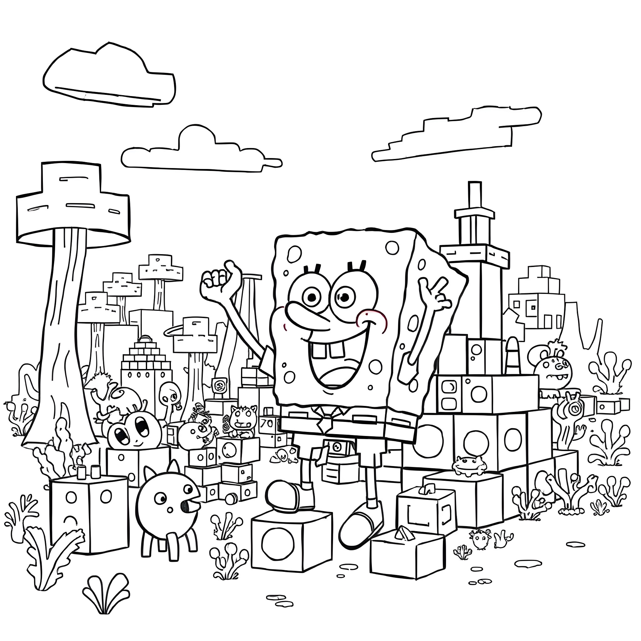 Spongebob and friends in a whimsical underwater scene Coloring Page (free black-and-white line drawing printable PDF for all, from beginners to advanced learners, including children, teens, adults, and seniors)