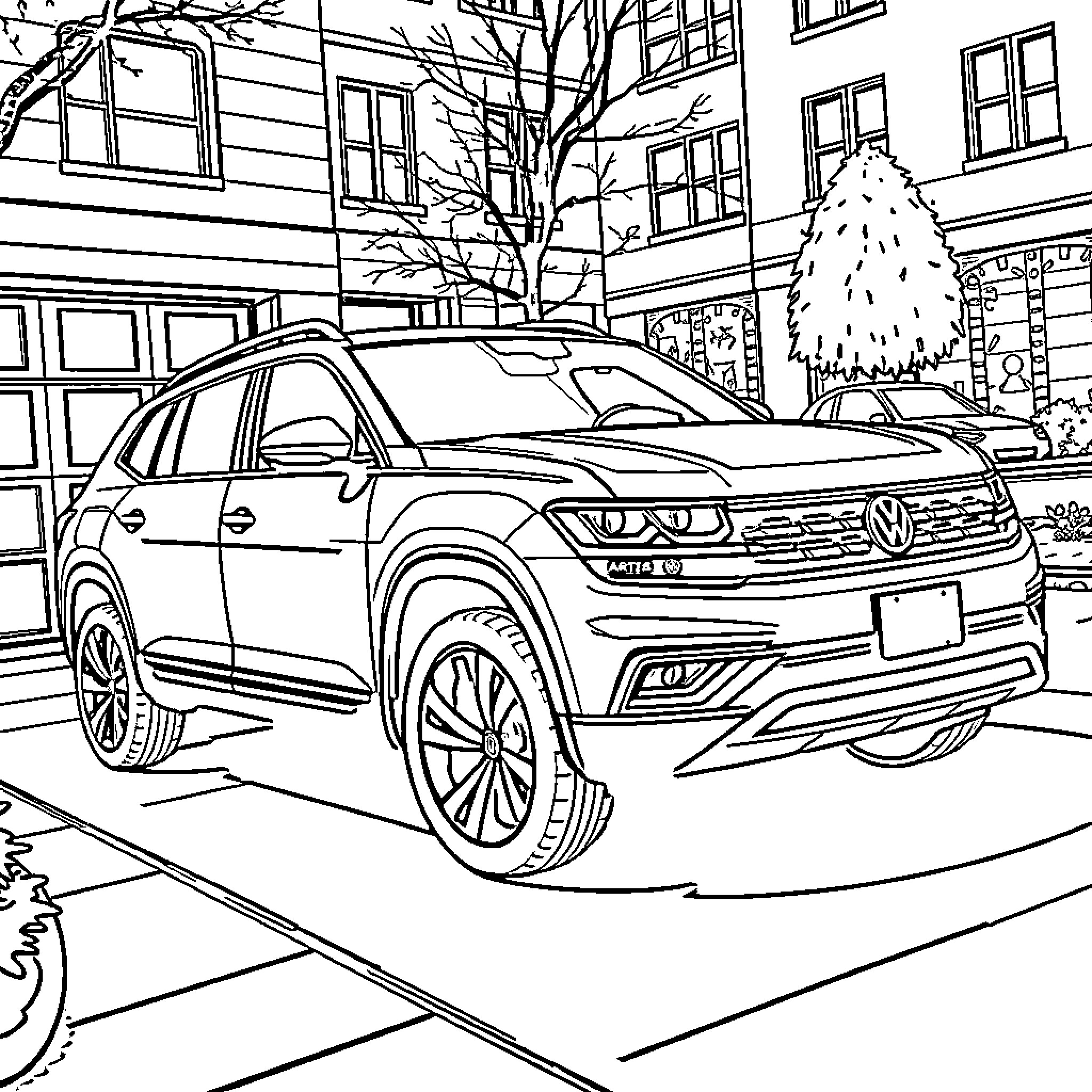 Volkswagen SUV parked in urban setting Coloring Page (free black-and-white line drawing printable PDF for all, from beginners to advanced learners, including children, teens, adults, and seniors)