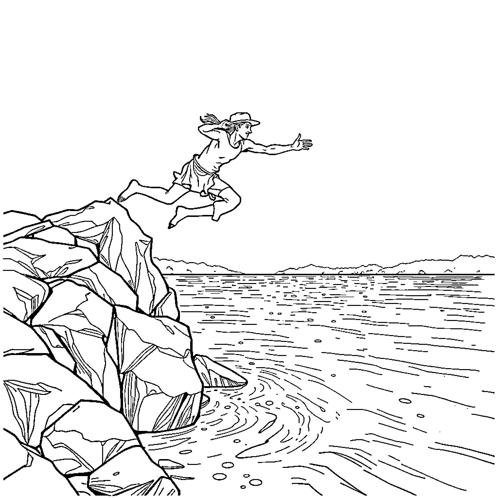 Orbán Viktor jumping from a cliff by the sea Coloring Page (free black-and-white line drawing printable PDF for all, from beginners to advanced learners, including children, teens, adults, and seniors)