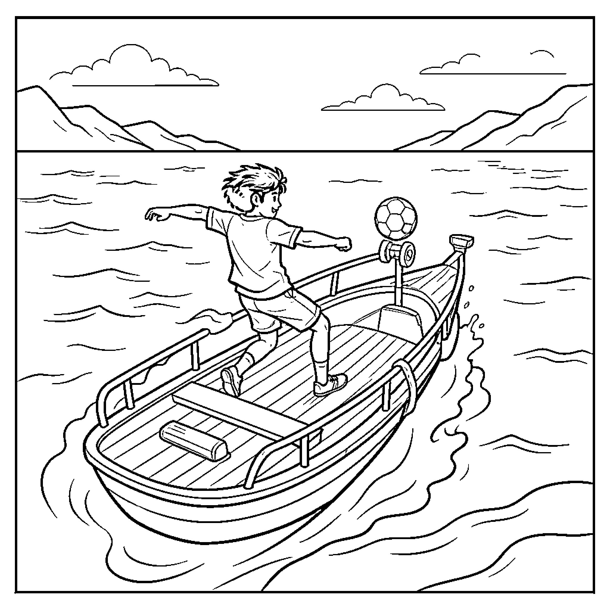 Kiran balancing on a boat while playing soccer Coloring Page (free black-and-white line drawing printable PDF for all, from beginners to advanced learners, including children, teens, adults, and seniors)