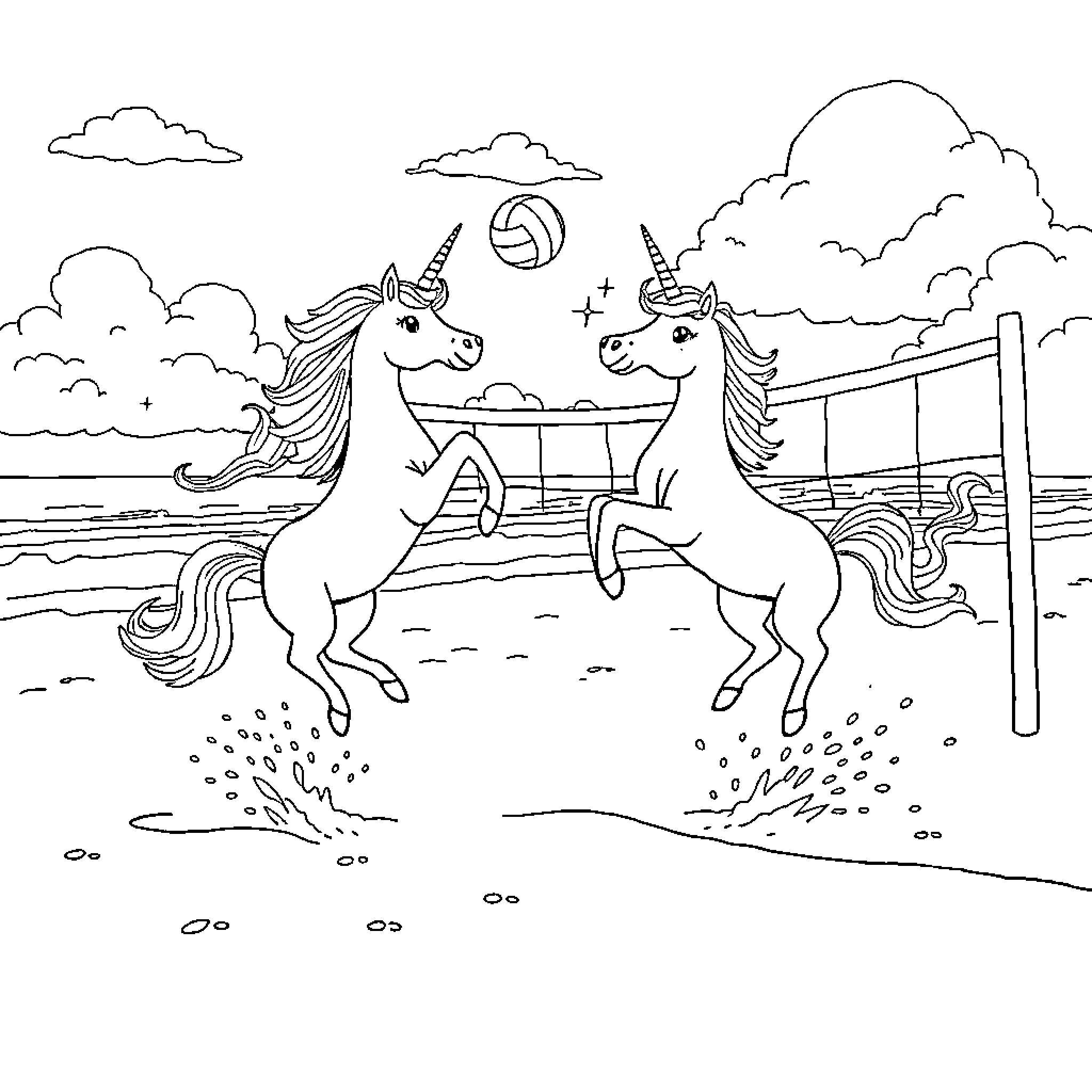 Unicorn friends playing on the beach Coloring Page (free black-and-white line drawing printable PDF for all, from beginners to advanced learners, including children, teens, adults, and seniors)